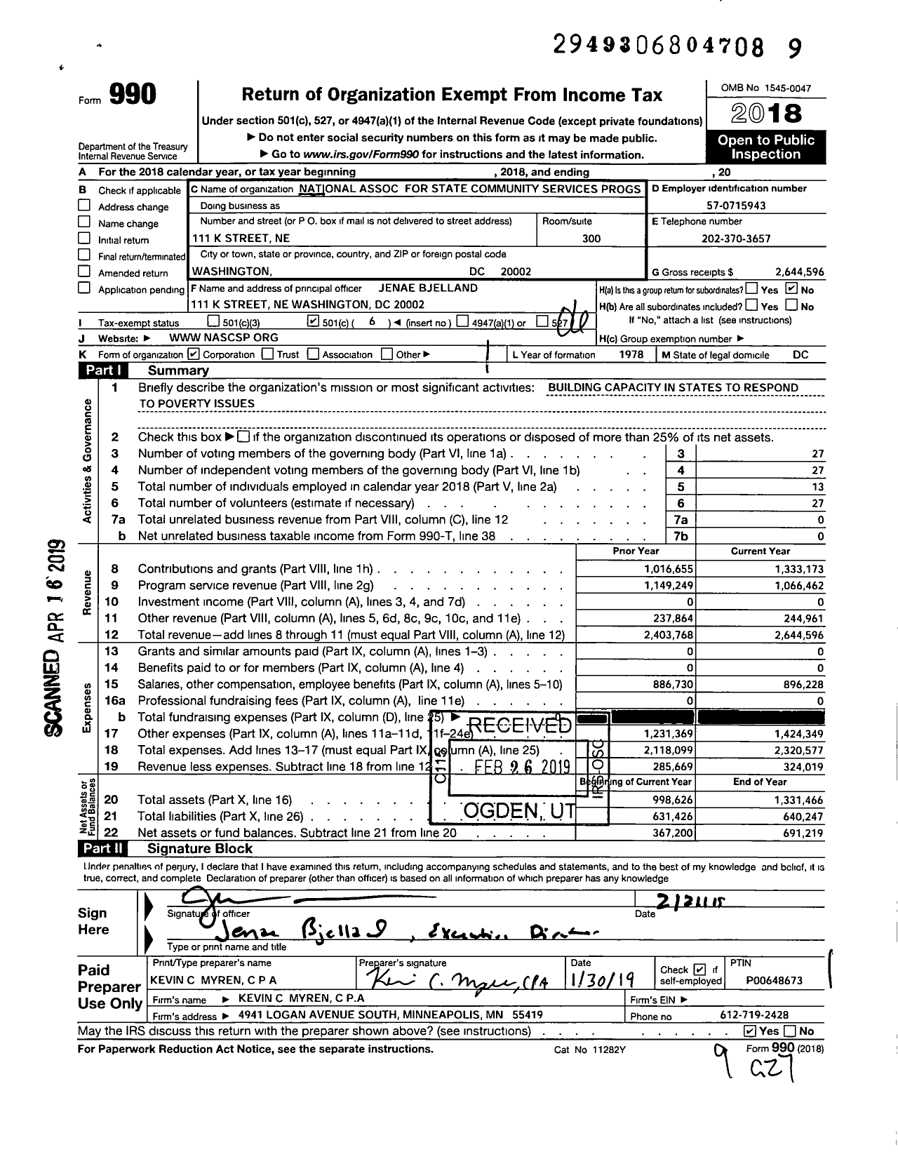Image of first page of 2018 Form 990O for National Association for State Community Services Programs (NASCSP)