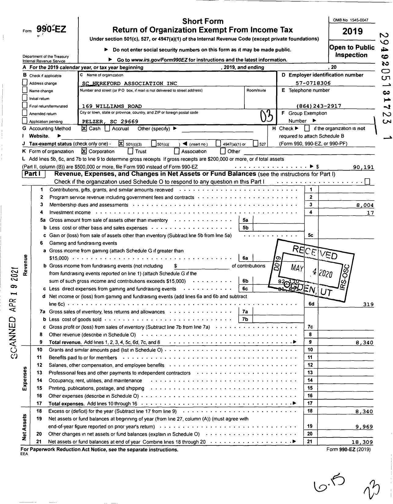 Image of first page of 2019 Form 990EZ for The South Carolina Hereford Associa