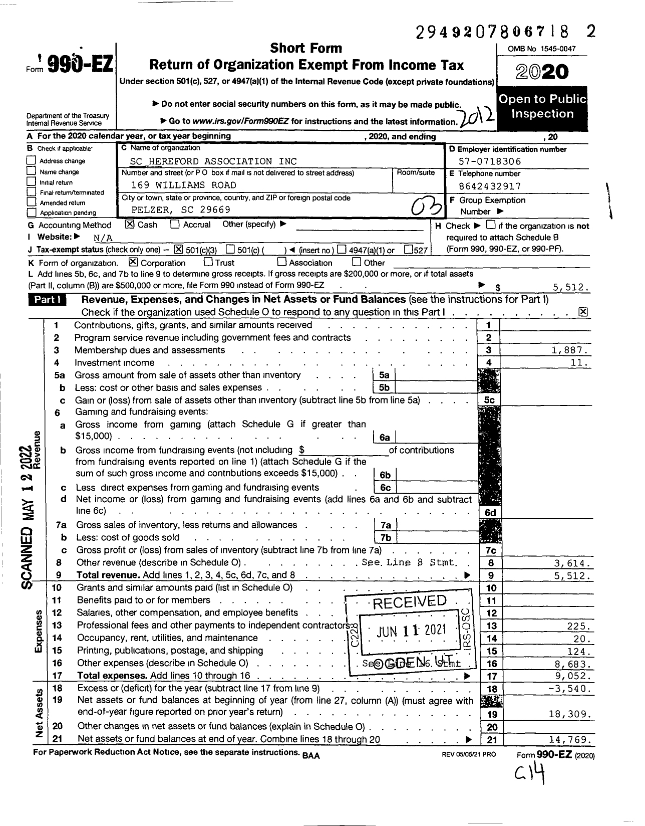 Image of first page of 2020 Form 990EZ for The South Carolina Hereford Associa