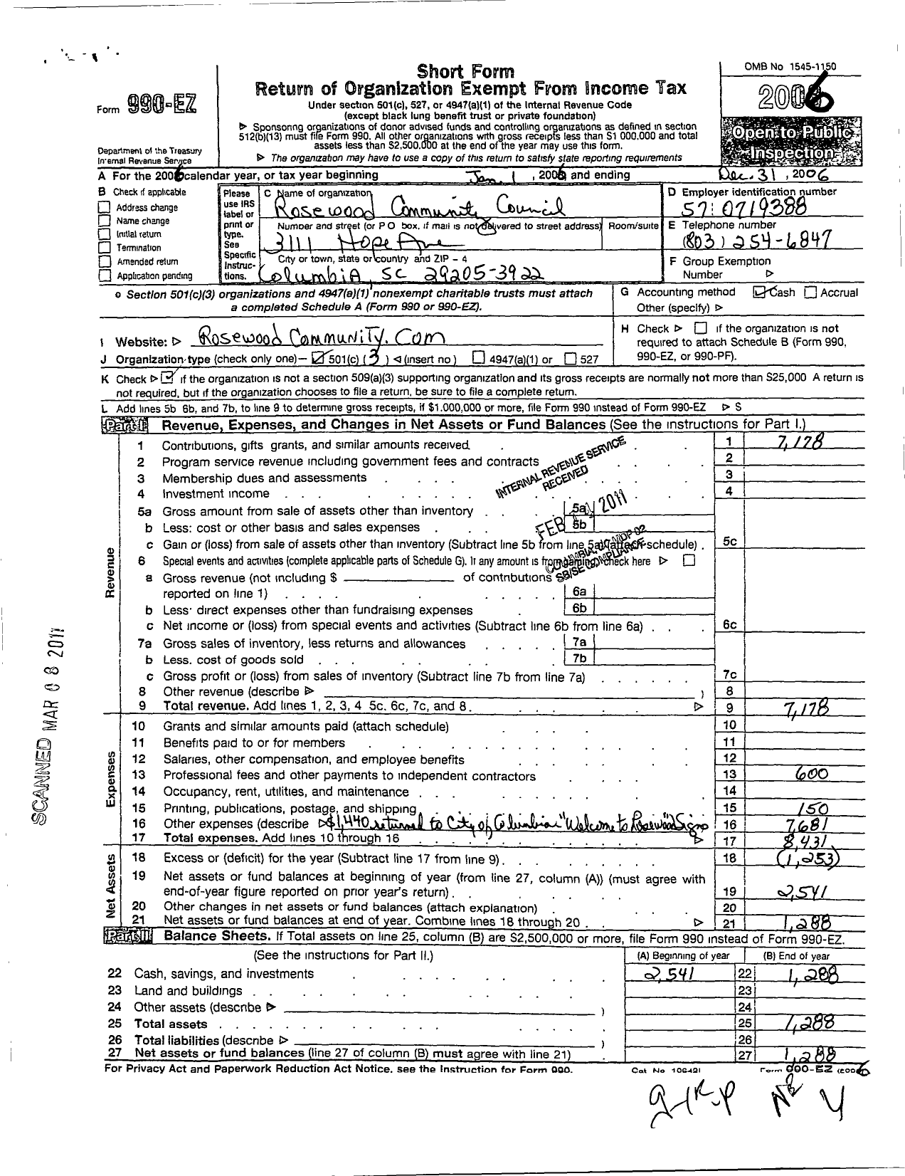 Image of first page of 2006 Form 990EZ for Rosewood Community Council