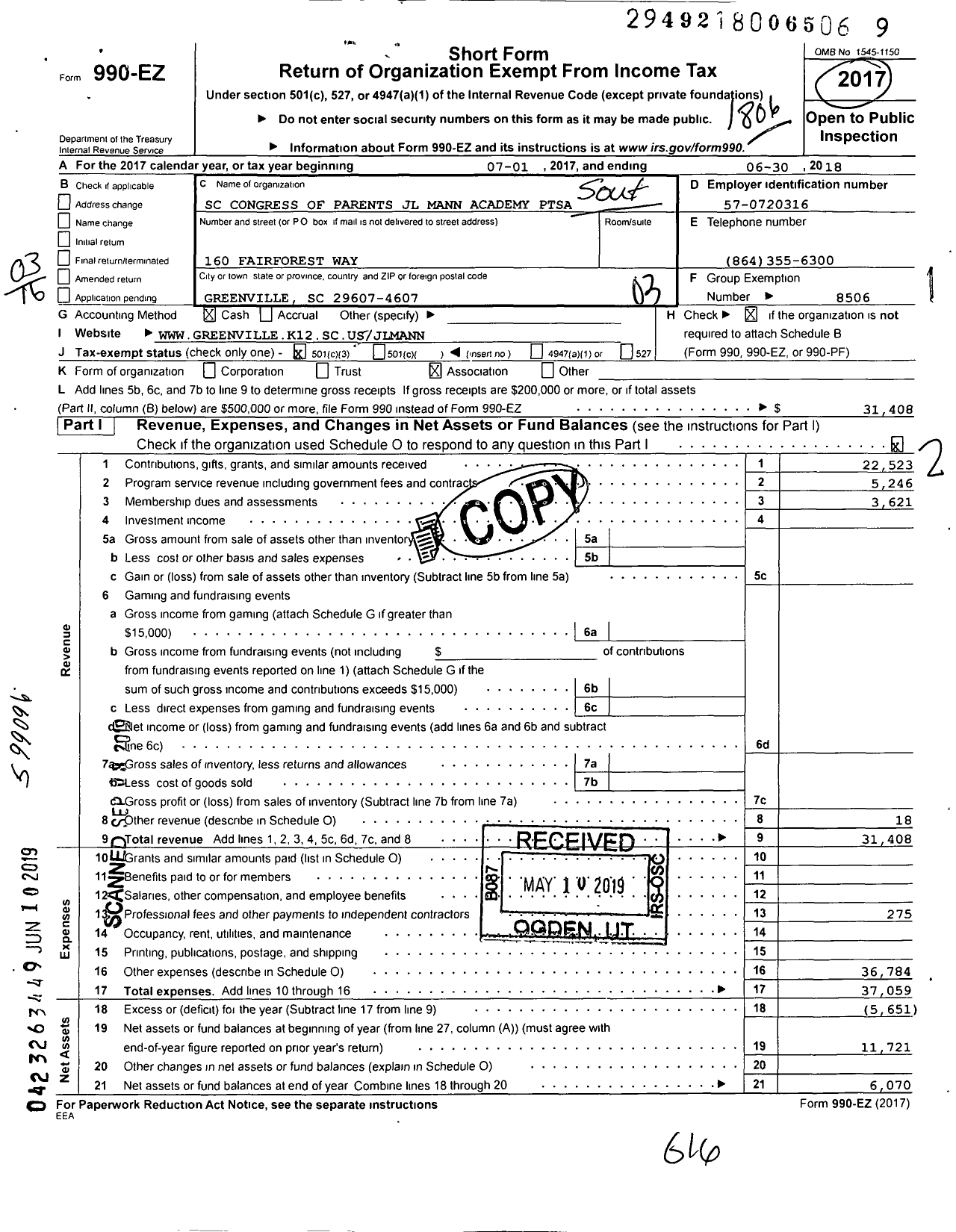 Image of first page of 2017 Form 990EZ for JL Mann Academy Ptsa