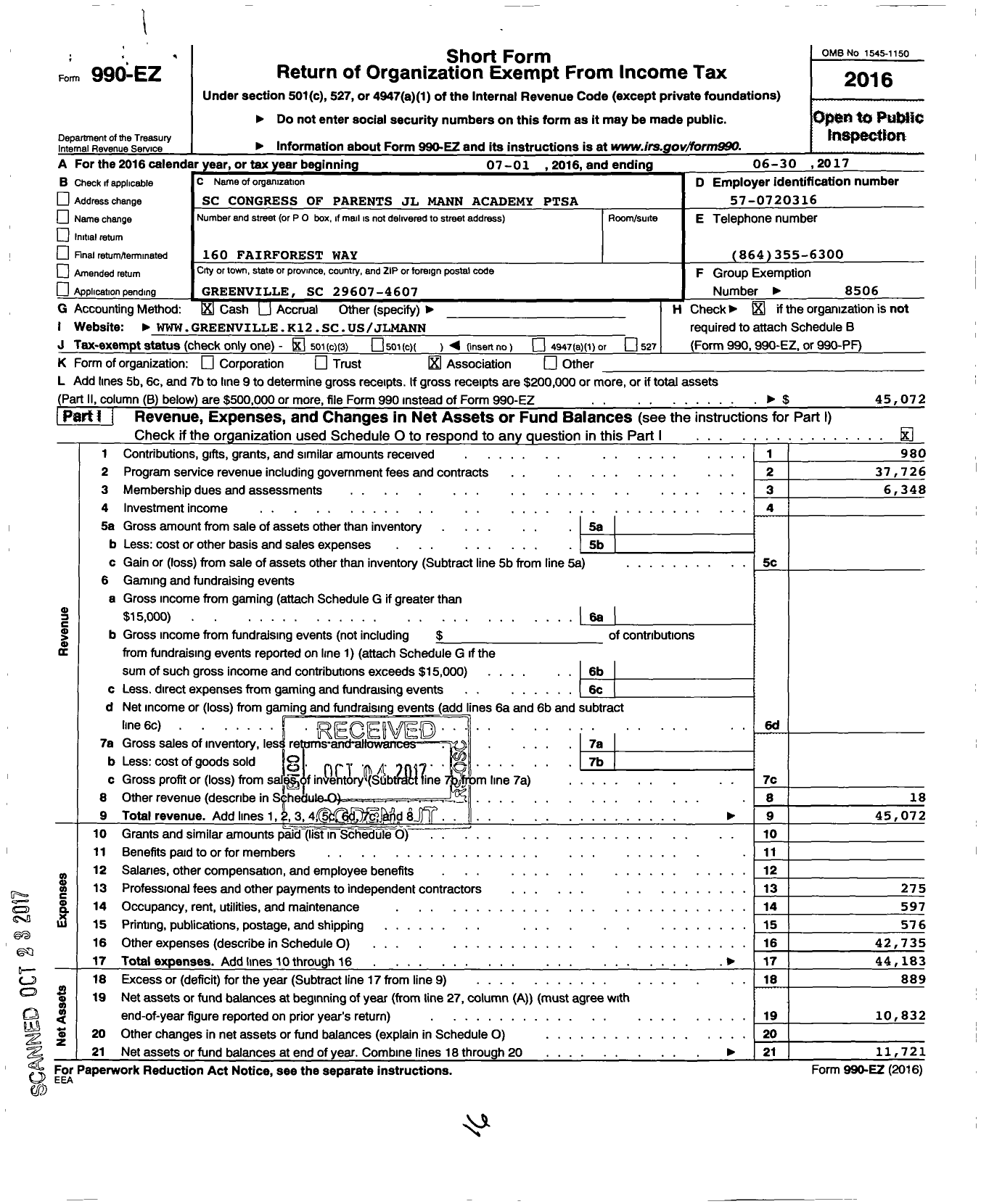 Image of first page of 2016 Form 990EZ for JL Mann Academy Ptsa