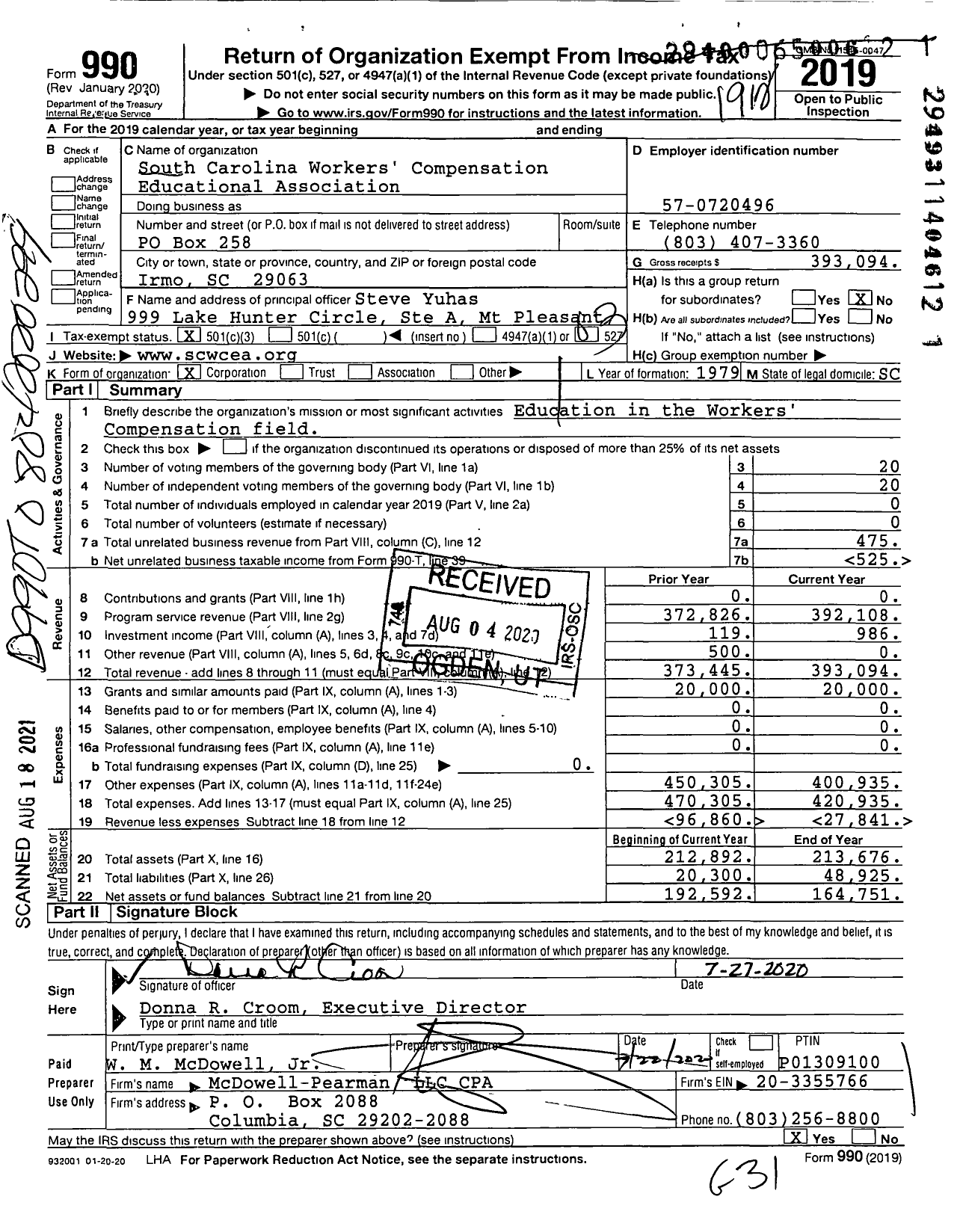 Image of first page of 2019 Form 990 for South Carolina Workers' Compensation Educational Association