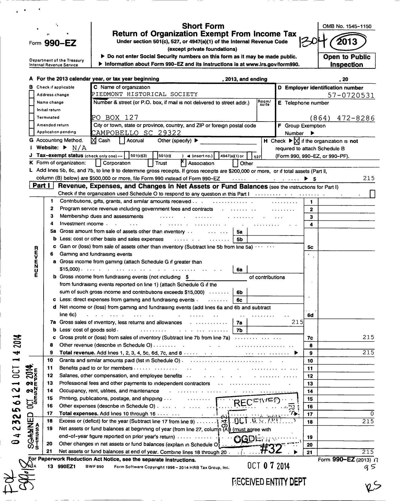 Image of first page of 2012 Form 990EO for Piedmont Historical Society