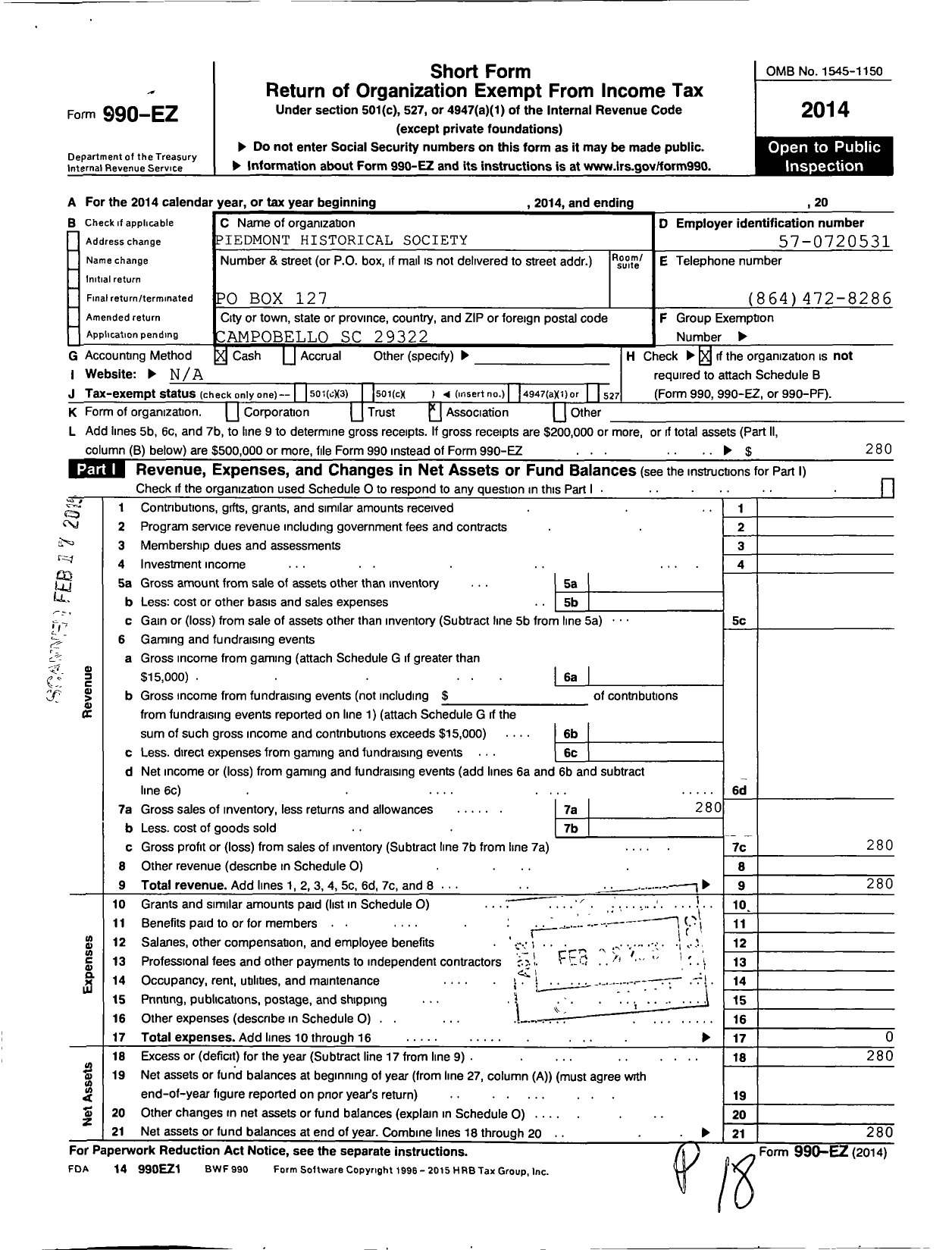 Image of first page of 2014 Form 990EO for Piedmont Historical Society