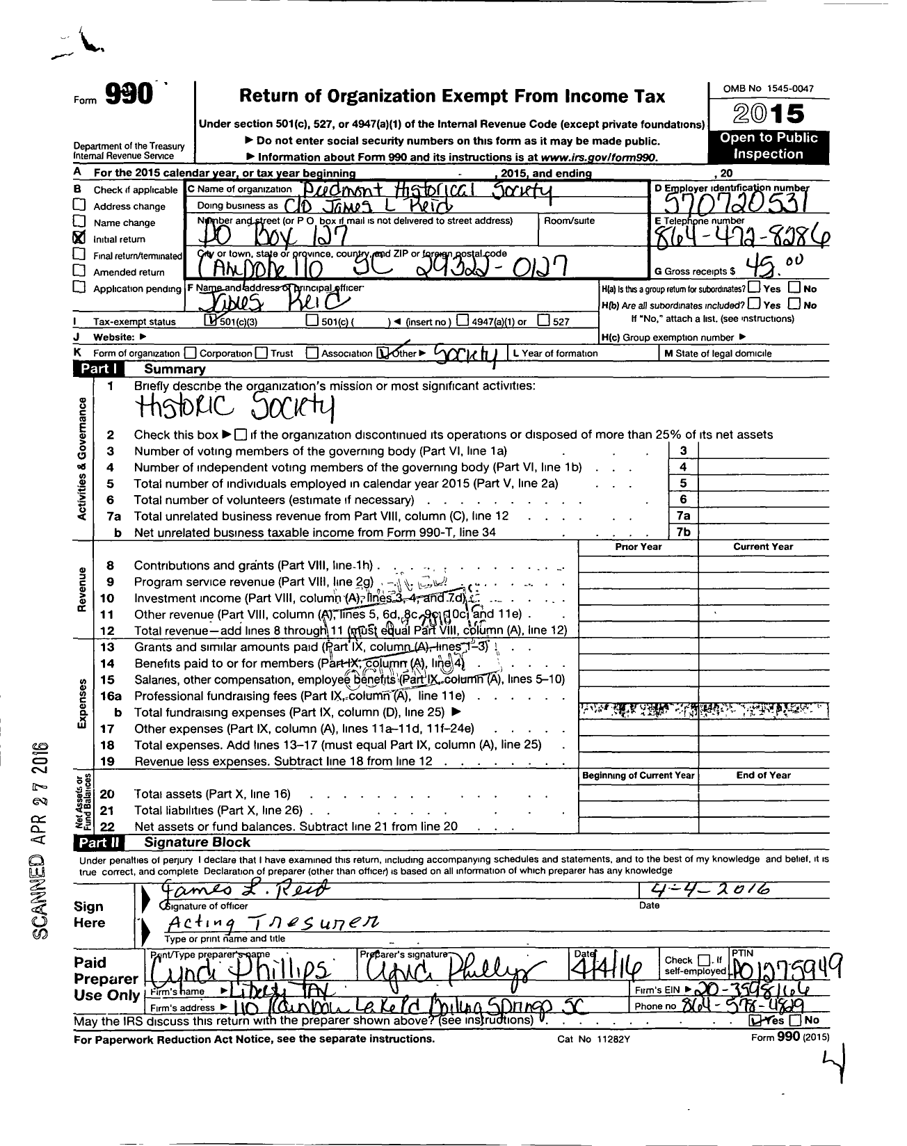 Image of first page of 2015 Form 990 for Piedmont Historical Society