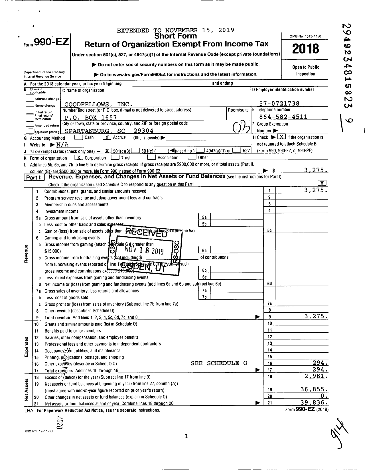 Image of first page of 2018 Form 990EZ for Goodfellows