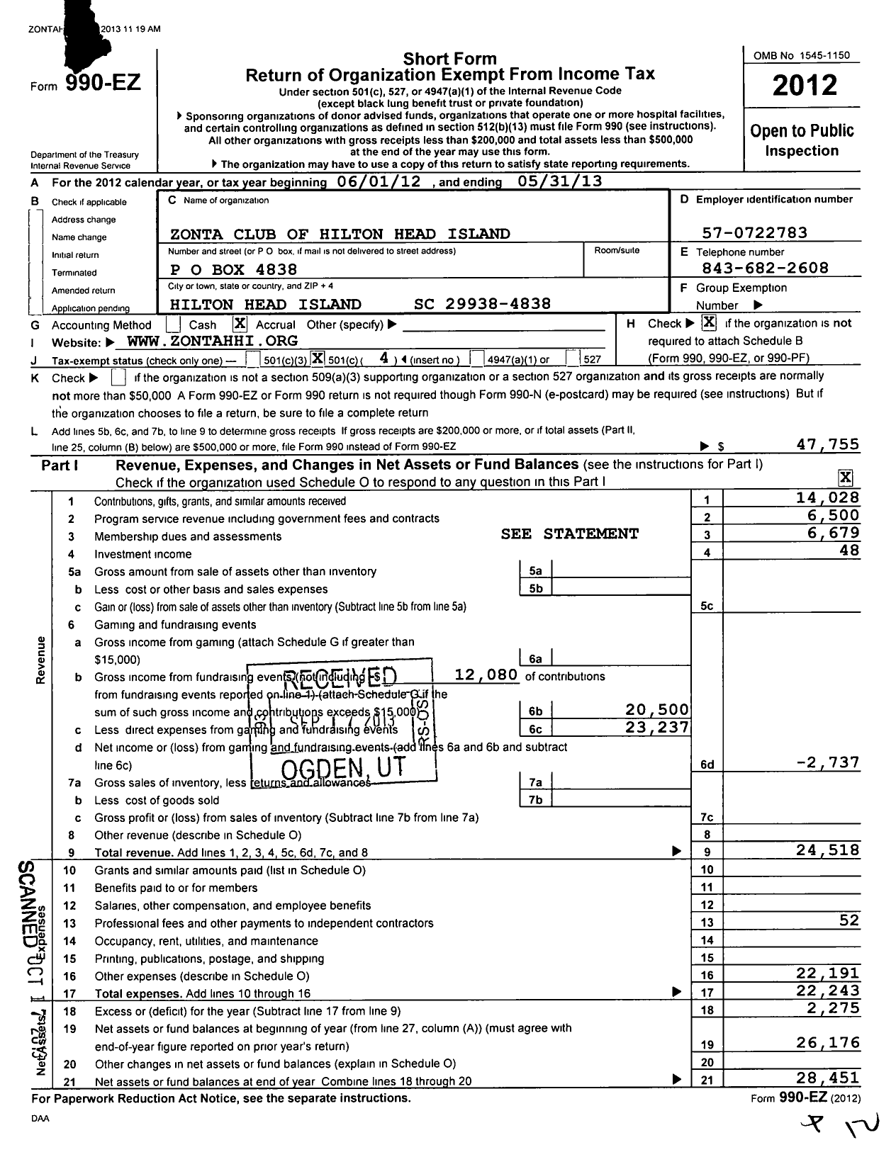 Image of first page of 2012 Form 990EO for Zonta International / Hilton Head Island