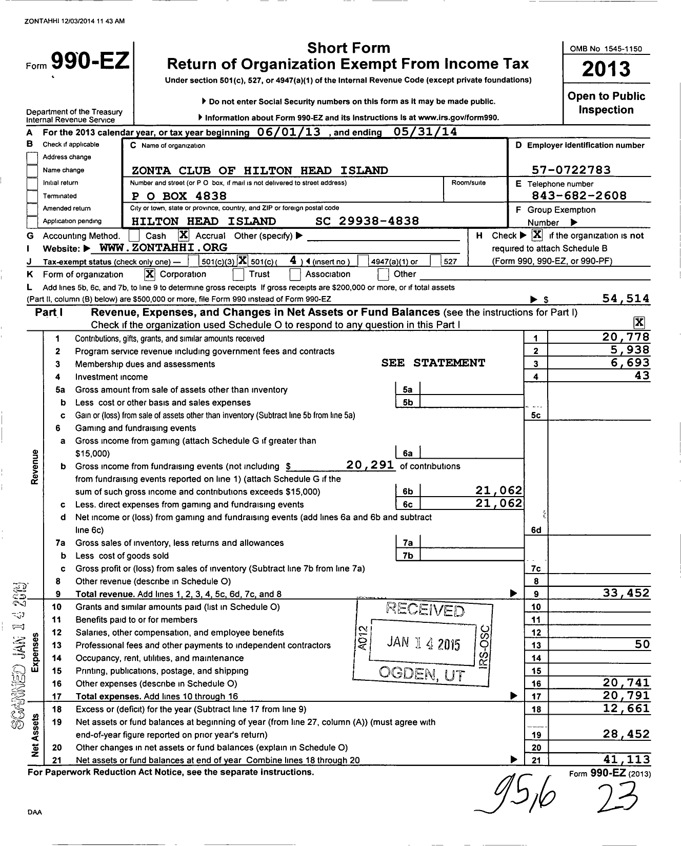 Image of first page of 2013 Form 990EO for Zonta International / Hilton Head Island