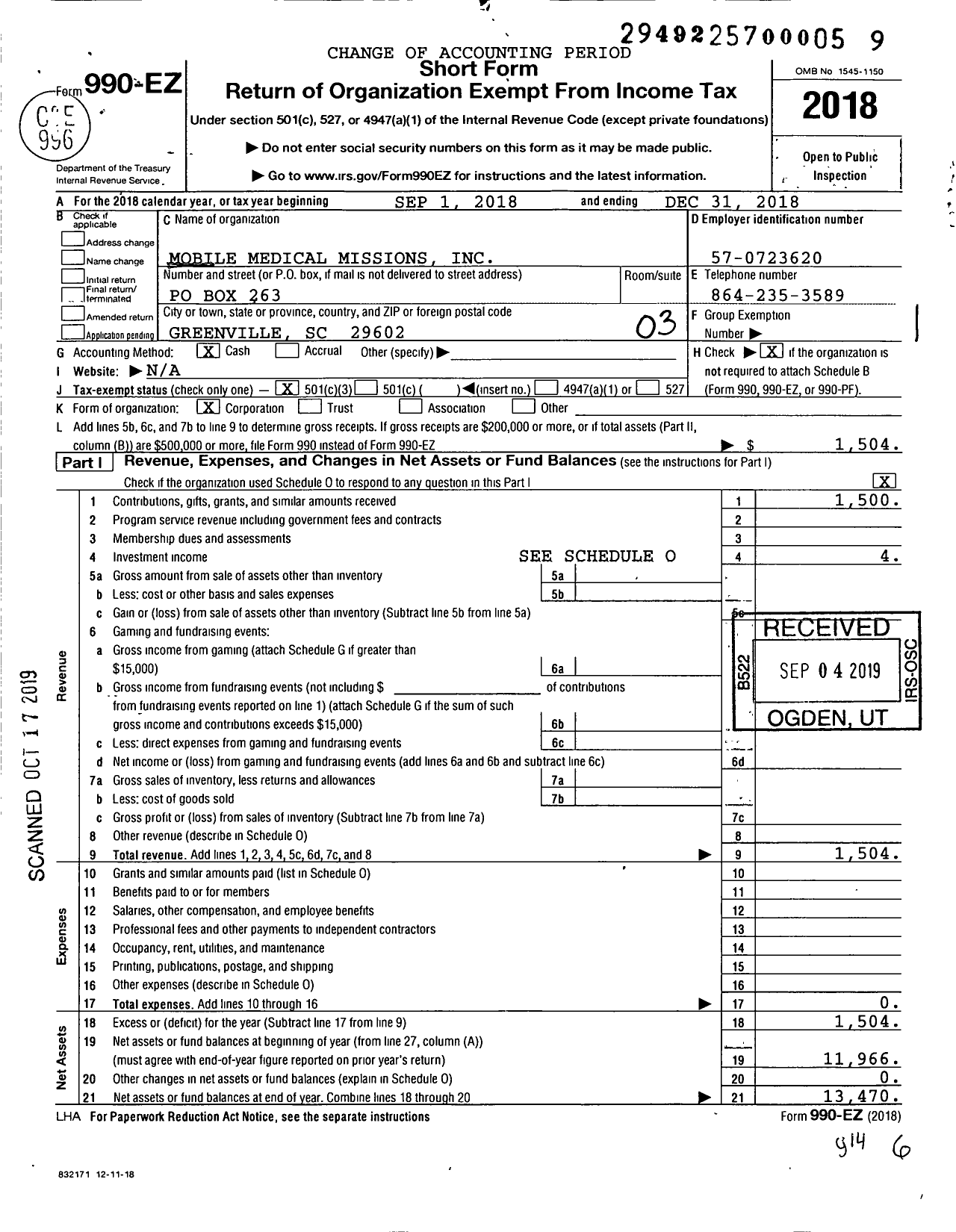 Image of first page of 2018 Form 990EZ for Mobile Medical Missions