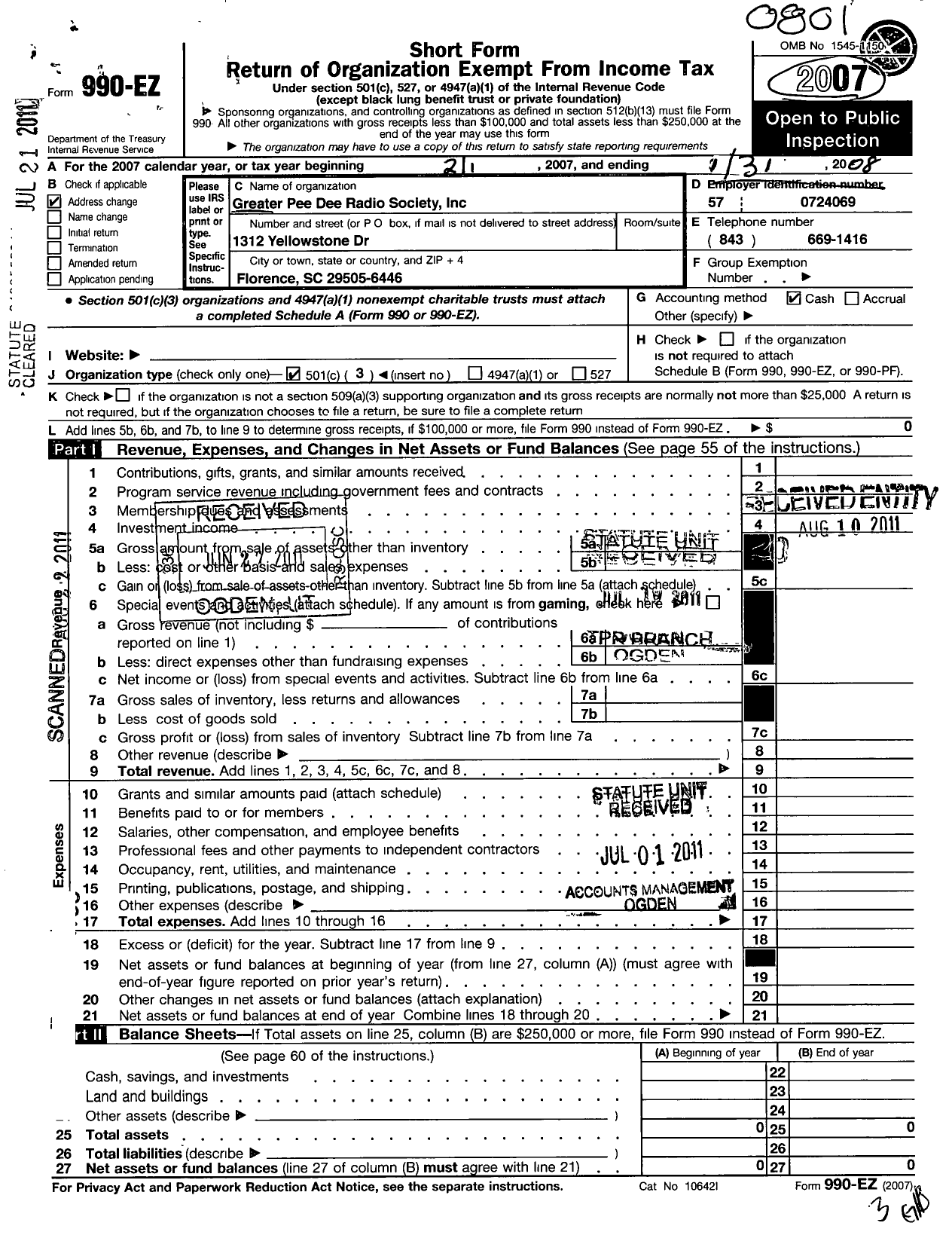 Image of first page of 2007 Form 990EZ for Greater Pee Dee Radio Society