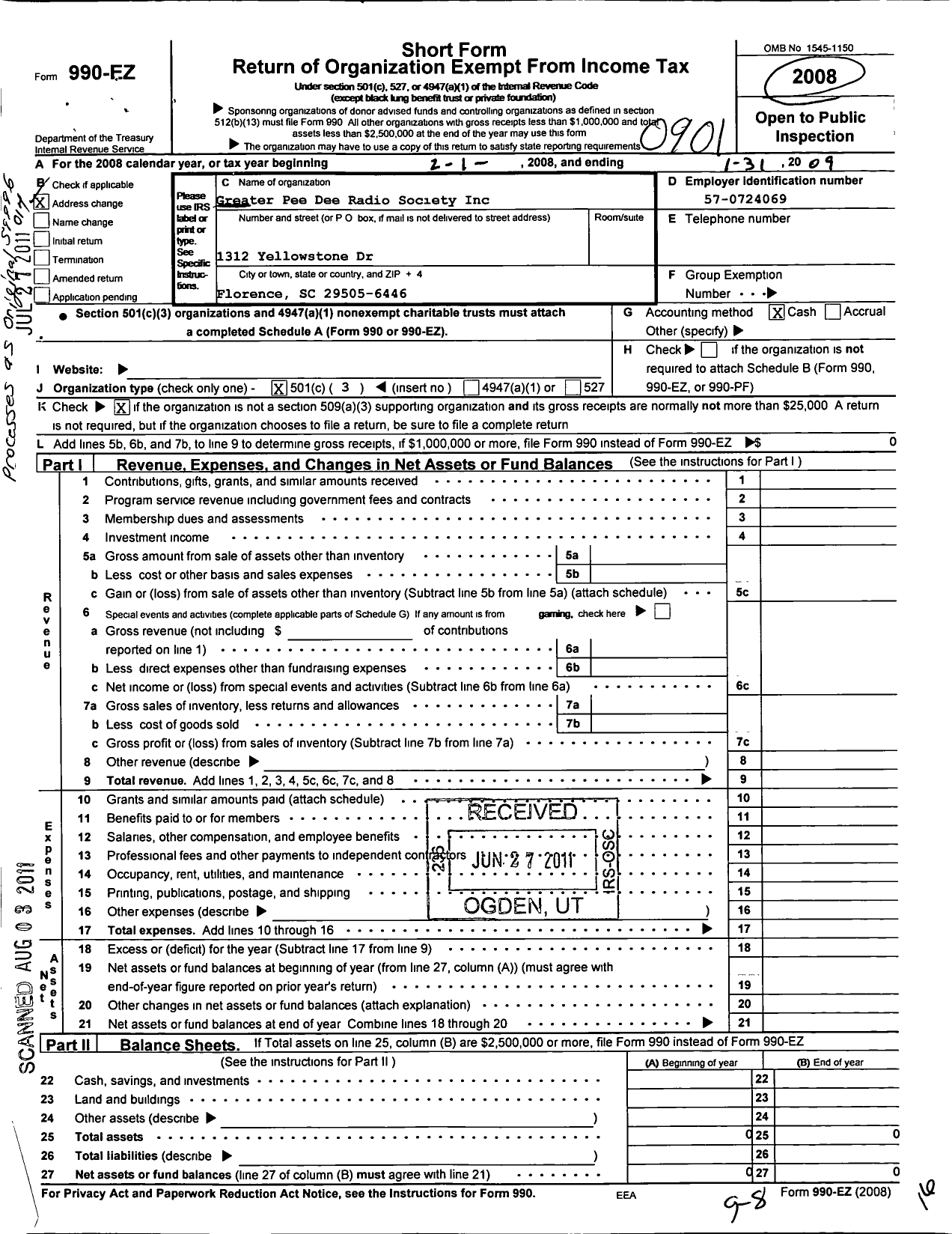 Image of first page of 2008 Form 990EZ for Greater Pee Dee Radio Society