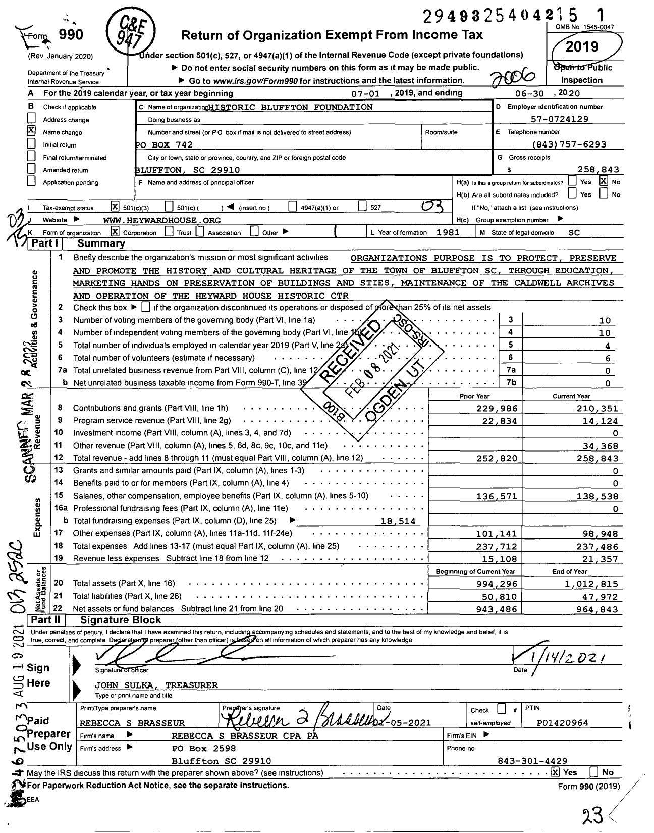 Image of first page of 2019 Form 990 for Historic Bluffton Foundation