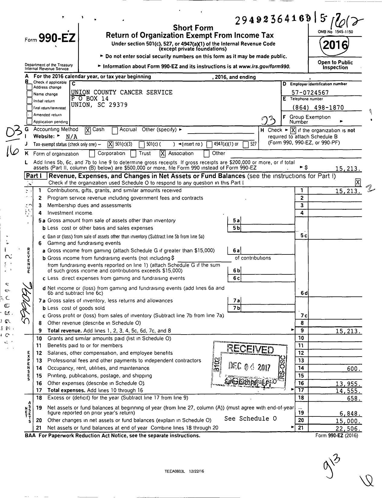 Image of first page of 2016 Form 990EZ for Union County Cancer Service