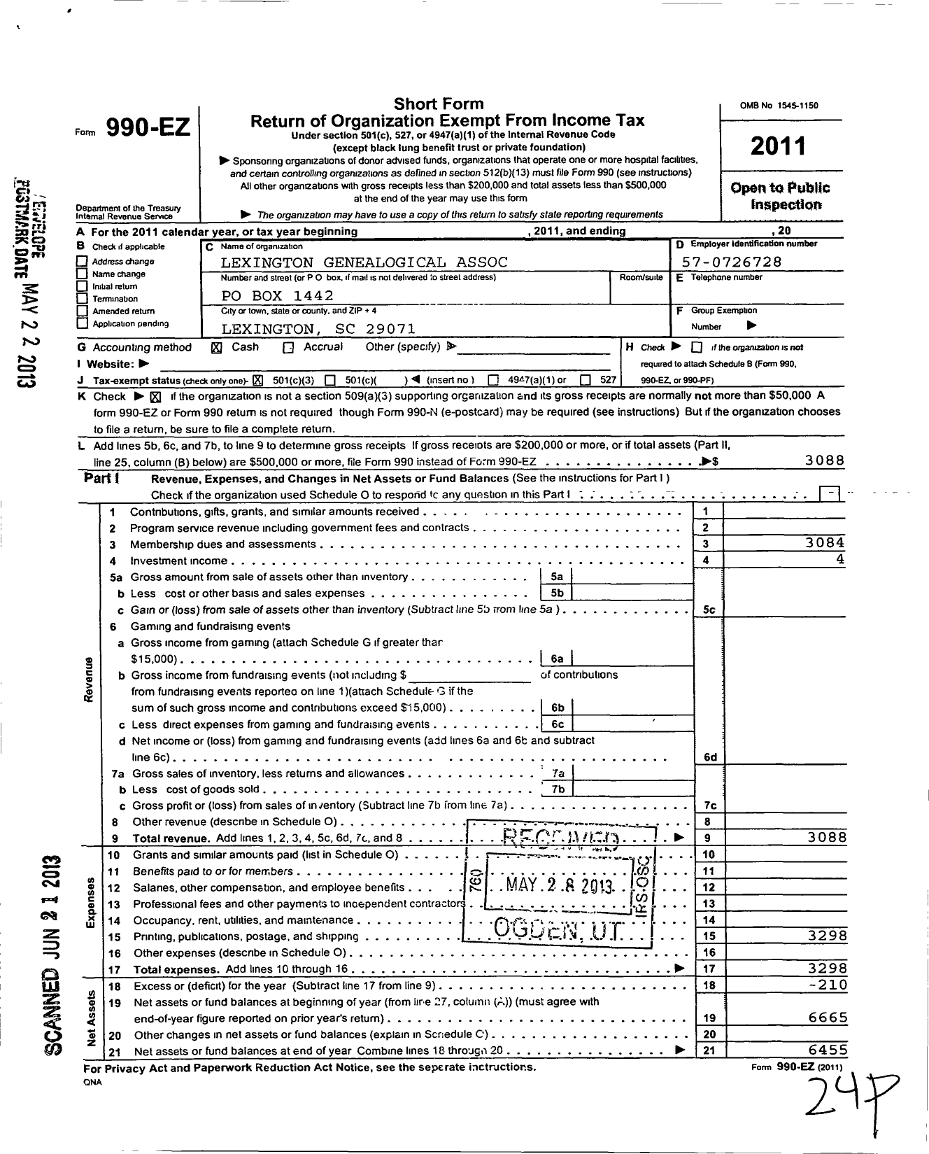 Image of first page of 2011 Form 990EZ for Lexington Genealogical Association