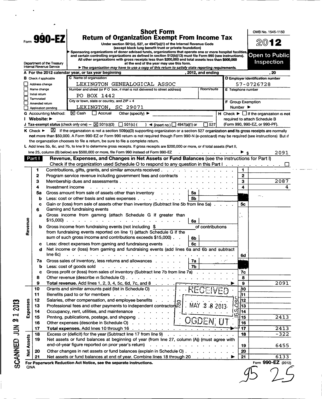 Image of first page of 2012 Form 990EZ for Lexington Genealogical Association