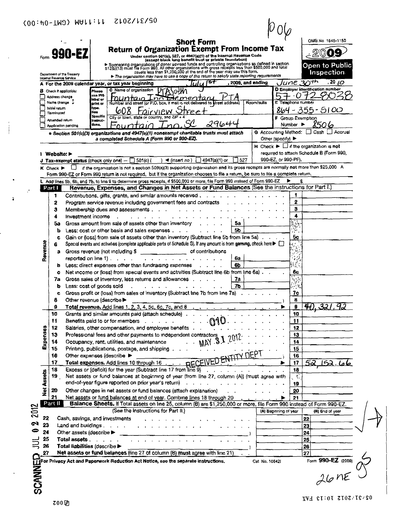 Image of first page of 2009 Form 990EO for PTA South Carolina Congress / Fountain Inn Elementary School PTA