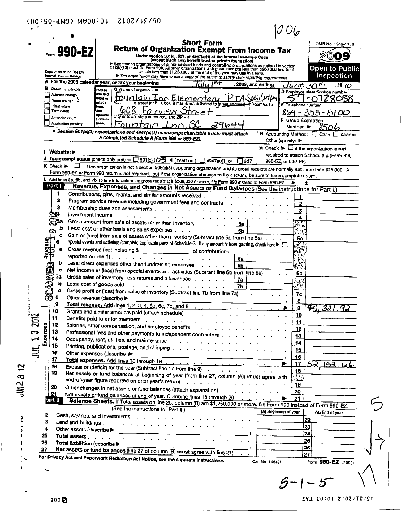 Image of first page of 2009 Form 990EZ for PTA South Carolina Congress / Fountain Inn Elementary School PTA