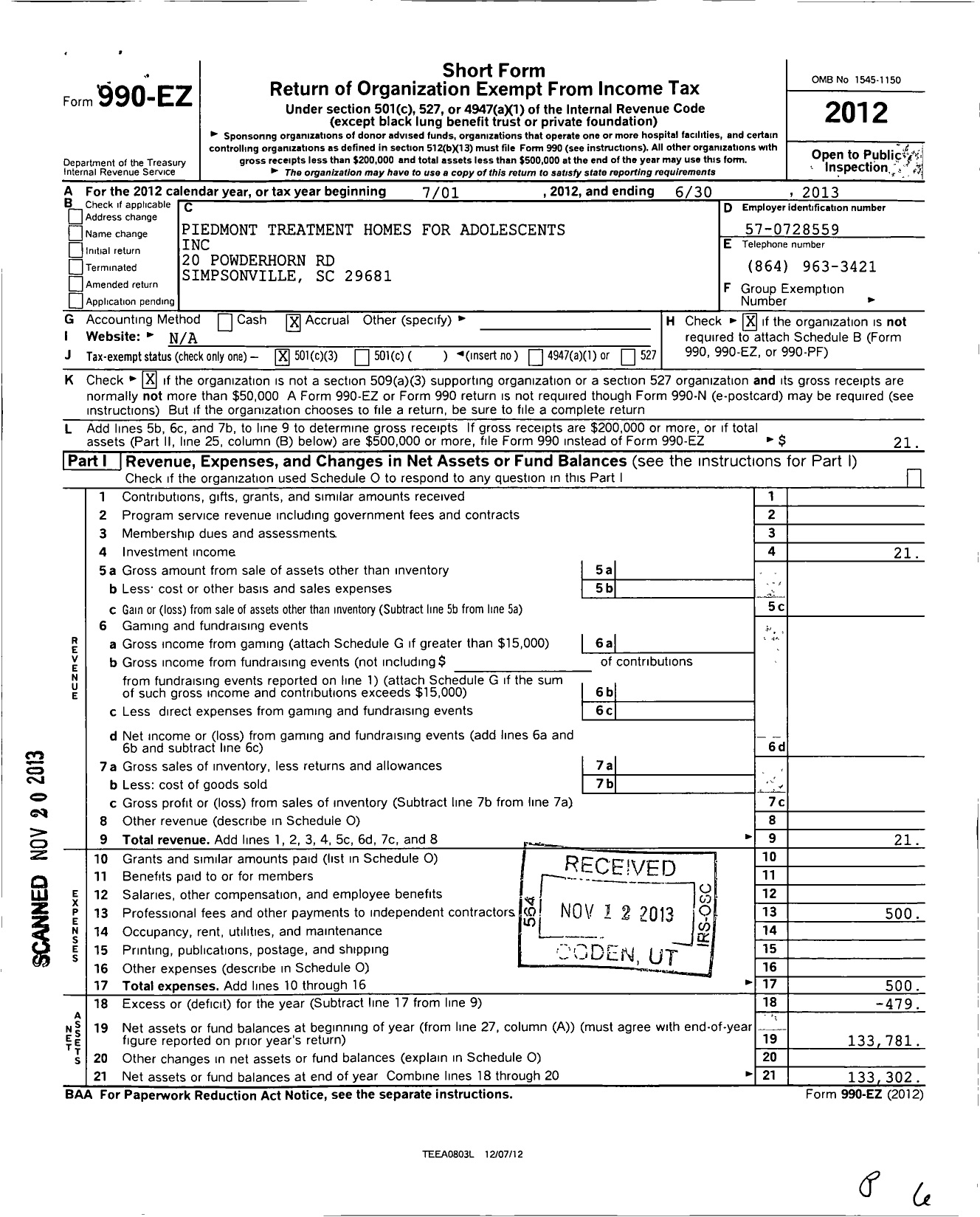 Image of first page of 2012 Form 990EZ for Greater Greenville Mental Health Staff Development Foundation