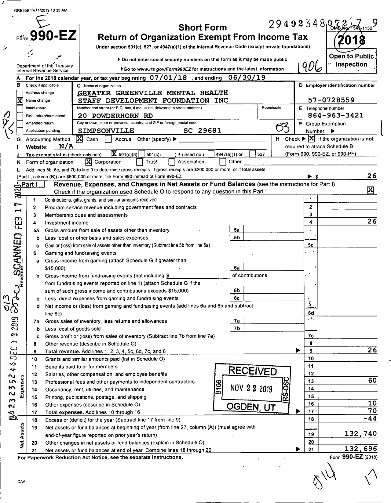 Image of first page of 2018 Form 990EZ for Greater Greenville Mental Health Staff Development Foundation