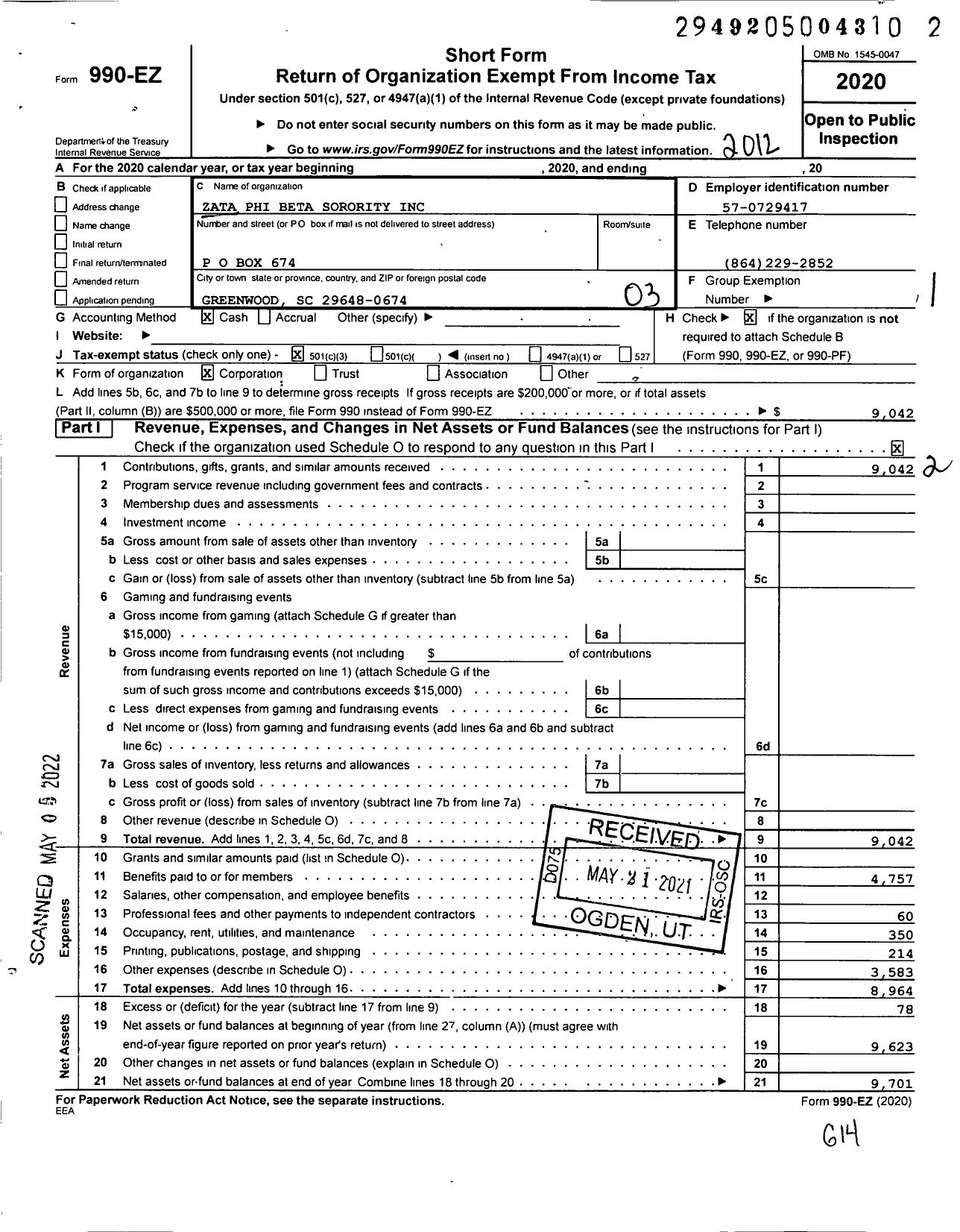 Image of first page of 2020 Form 990EZ for Zeta Phi Beta Sorority / Epsilon Psi Zeta Chapter