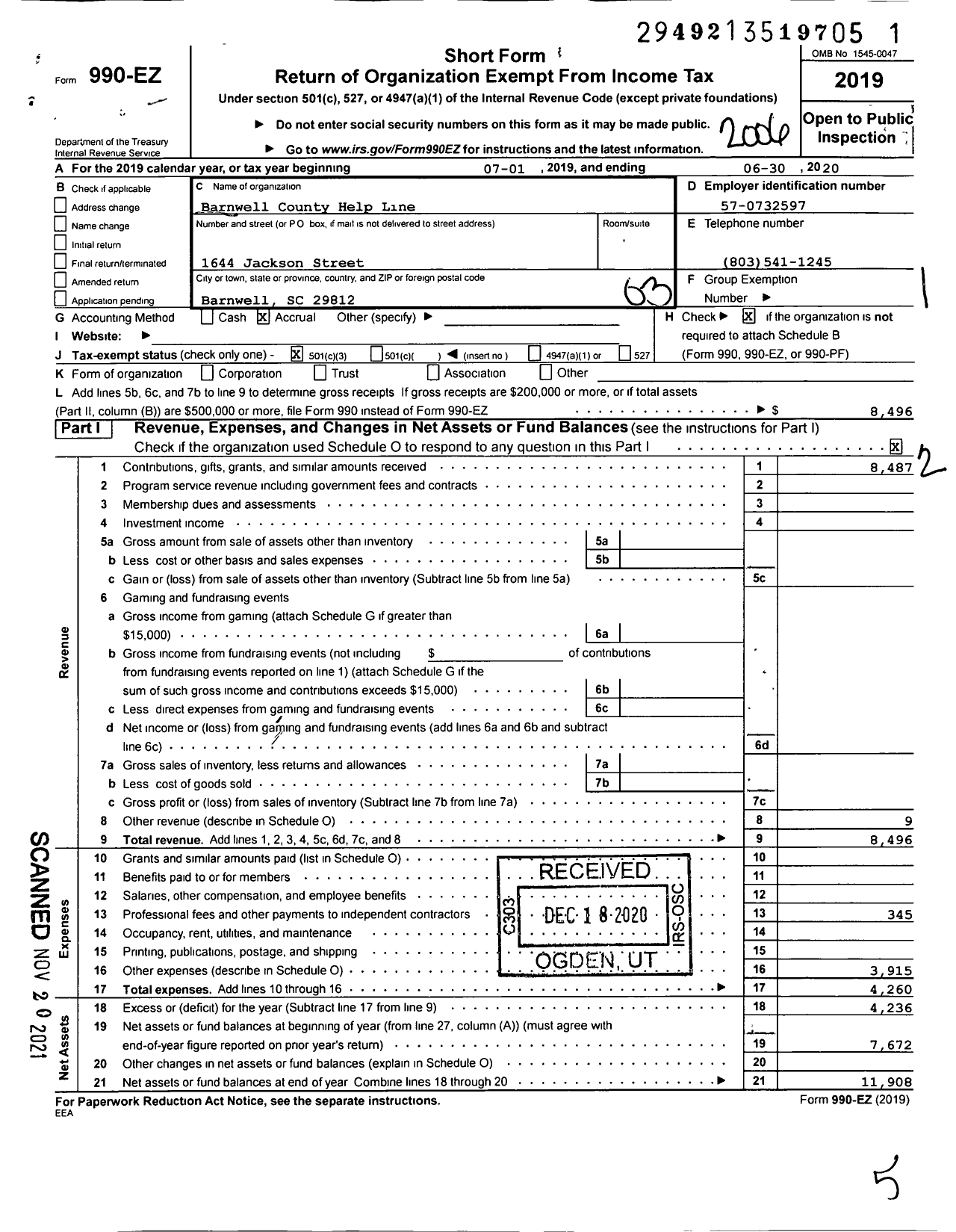 Image of first page of 2019 Form 990EZ for Barnwell County Help Line