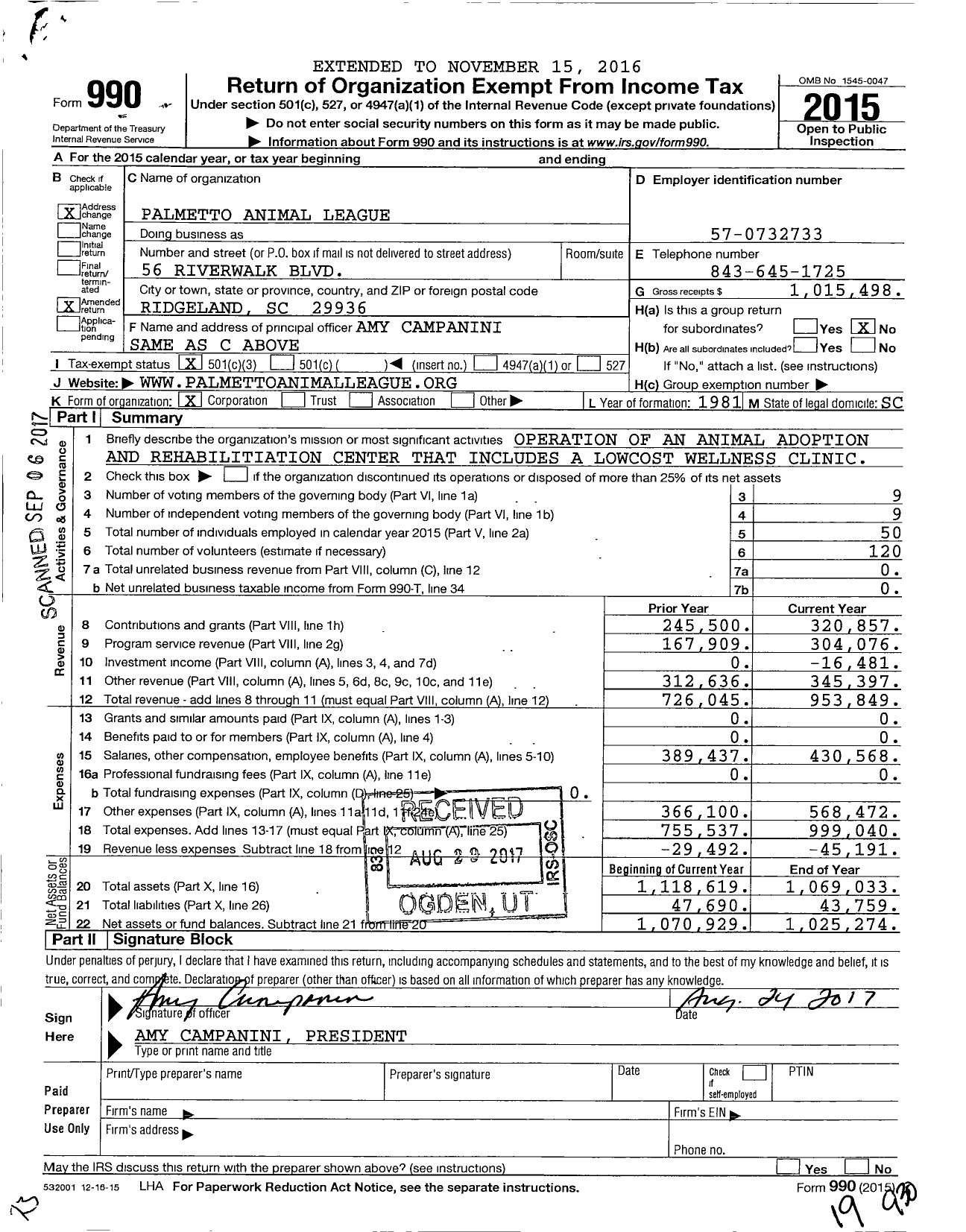 Image of first page of 2015 Form 990 for Palmetto Animal League (PAL)