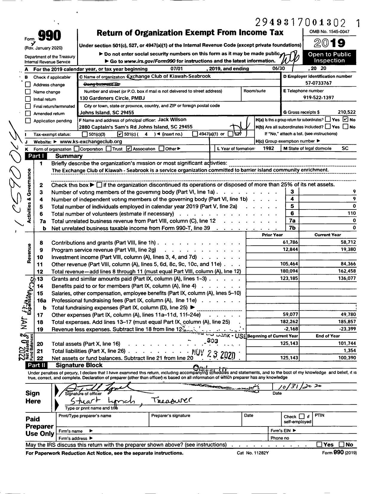 Image of first page of 2019 Form 990O for National Exchange Club - 2079 Kiawah-Seabrook SC