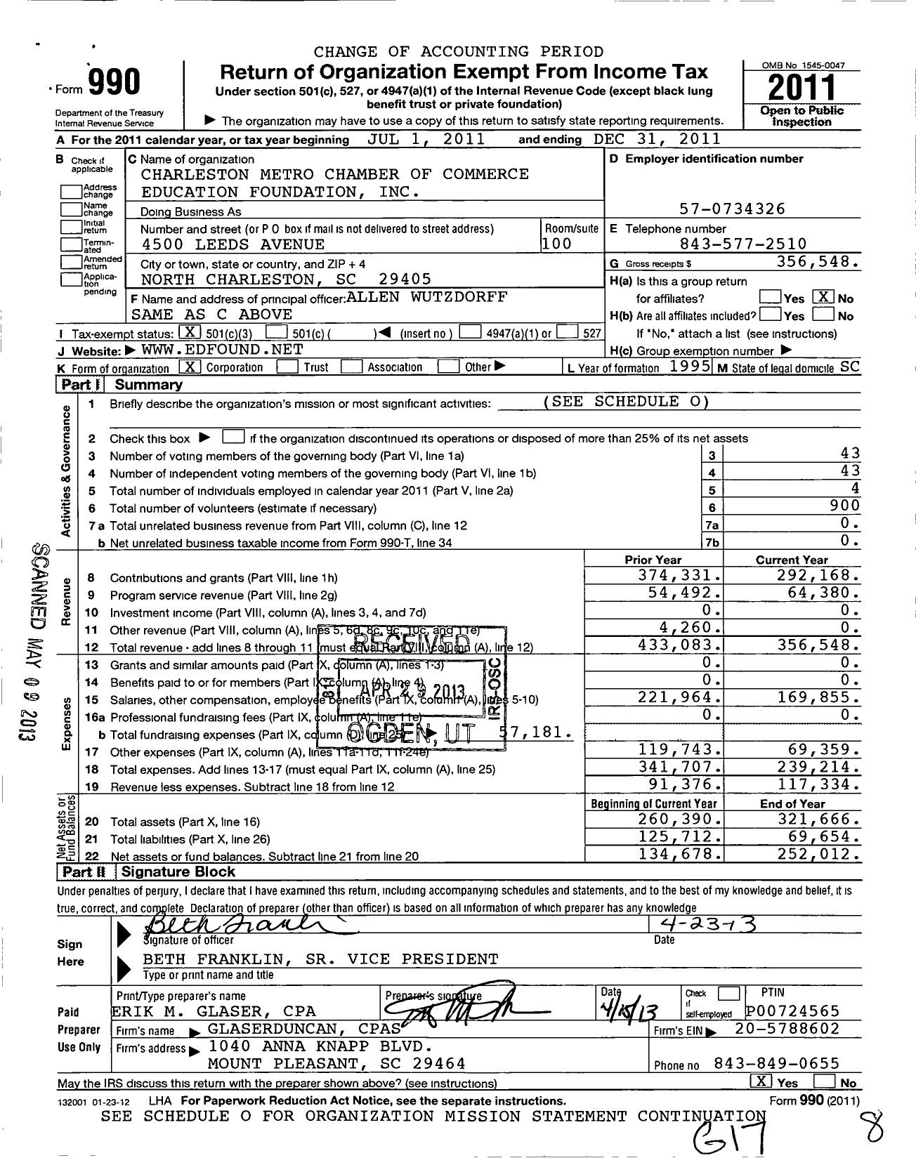 Image of first page of 2011 Form 990 for Charleston Metro Chamber of Commerce Education Foundation