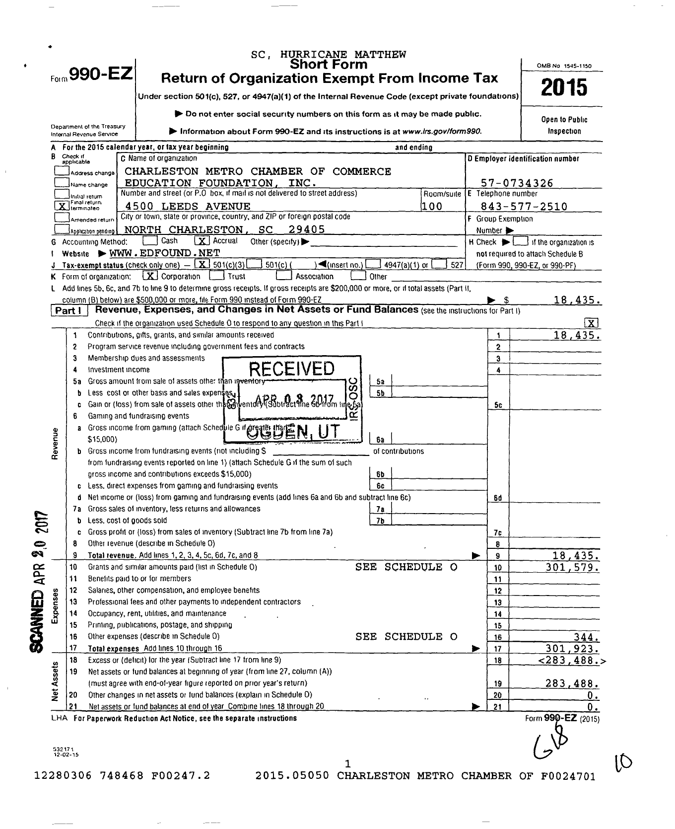 Image of first page of 2015 Form 990EZ for Charleston Metro Chamber of Commerce Education Foundation