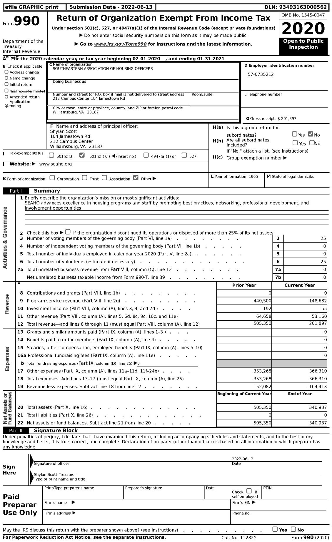 Image of first page of 2020 Form 990 for Southeastern Association of Housing Officers (SEAHO)