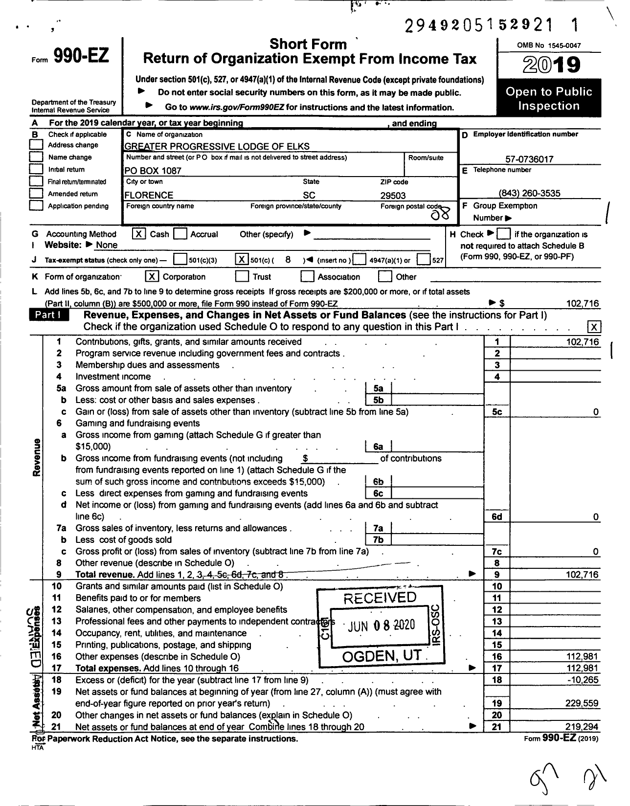 Image of first page of 2019 Form 990EO for Improved Benevolent and Protective Order of Elks of the World - 1607 Greater Progressive