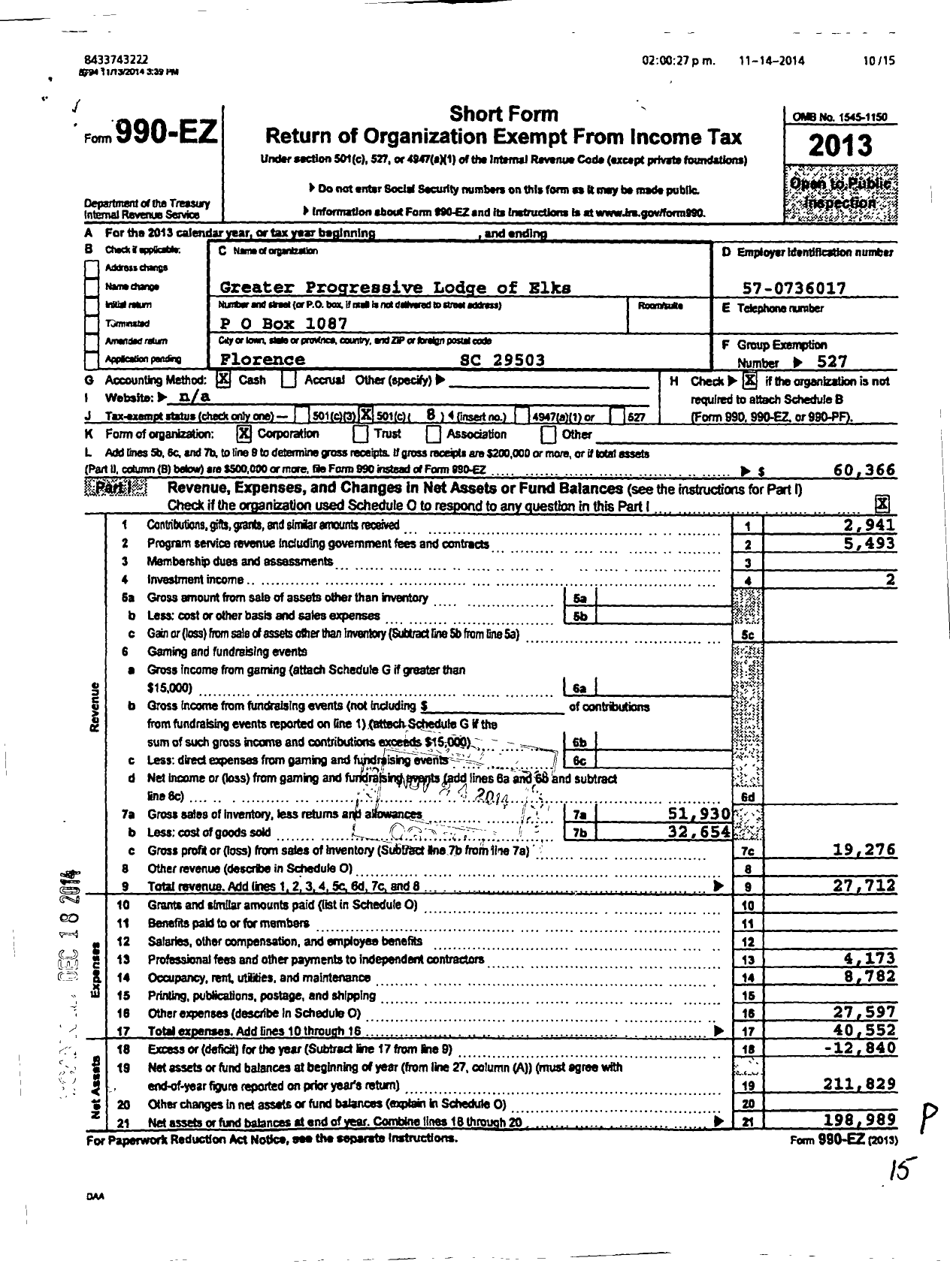 Image of first page of 2013 Form 990EO for Improved Benevolent and Protective Order of Elks of the World - 1607 Greater Progressive