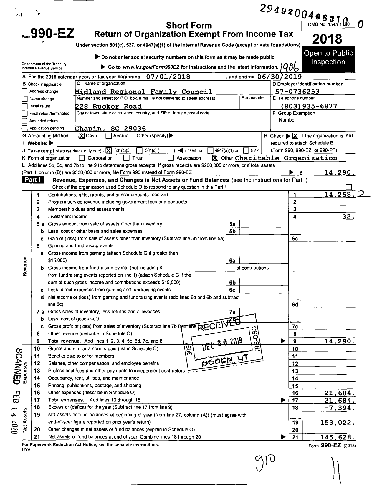 Image of first page of 2018 Form 990EZ for Midlands Regional Family Council