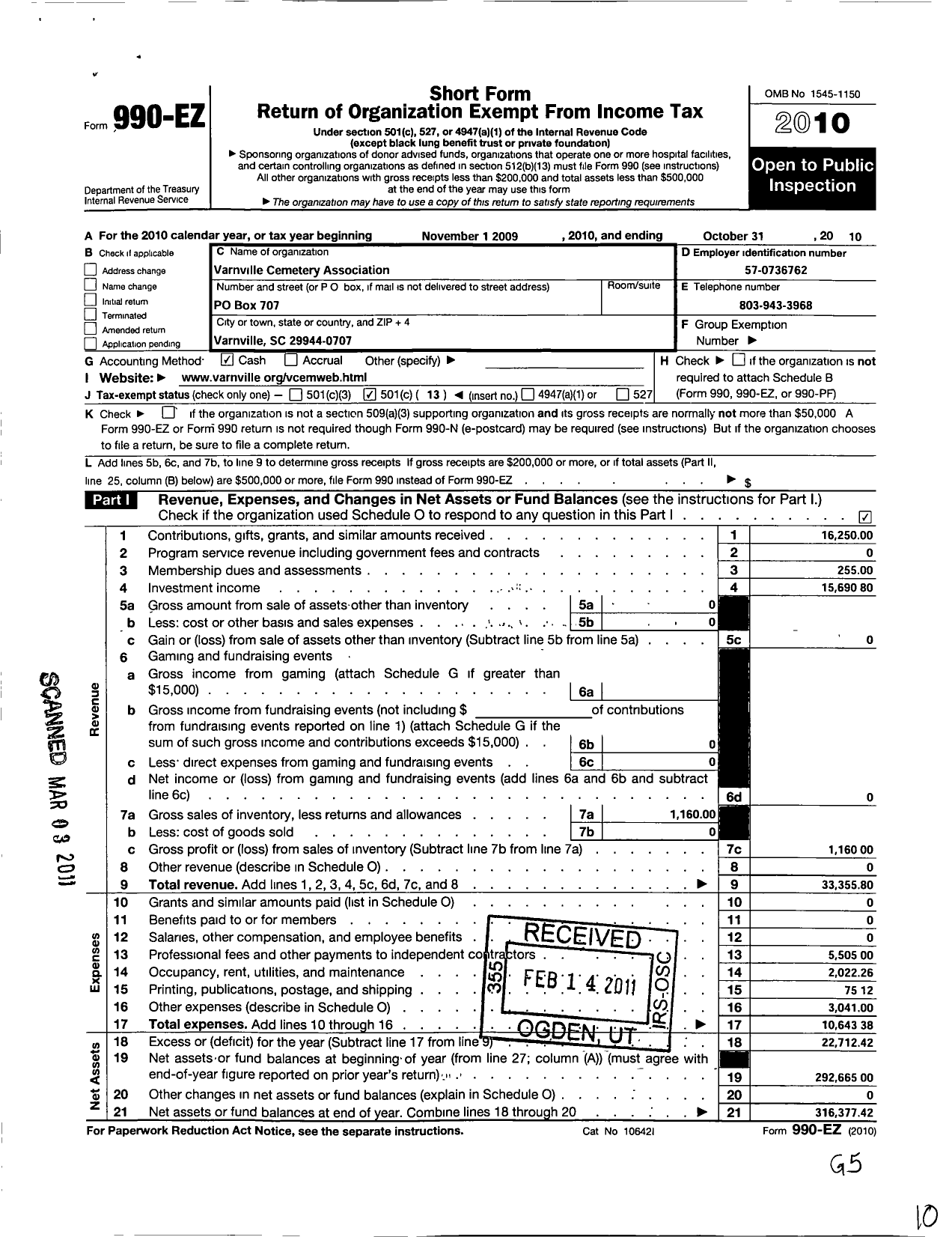 Image of first page of 2009 Form 990EO for Varnville Cemetery Association