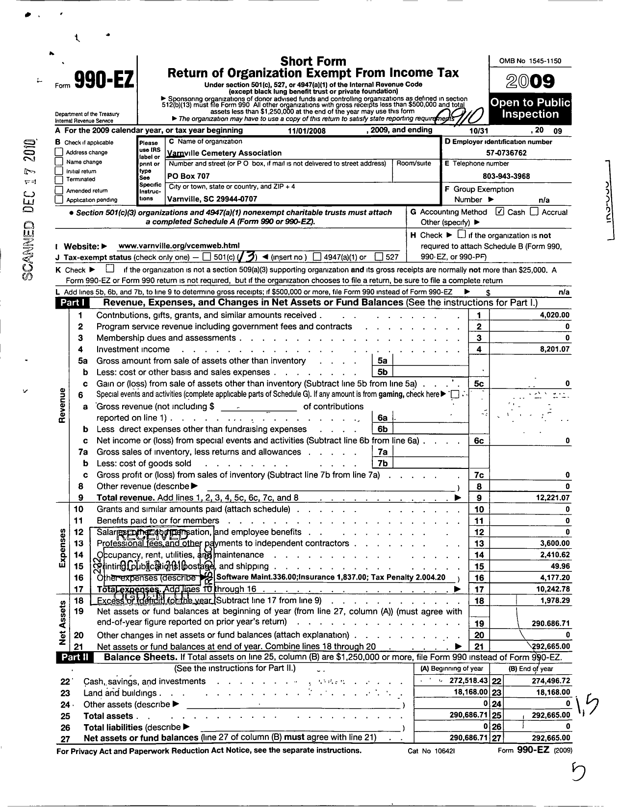 Image of first page of 2008 Form 990EO for Varnville Cemetery Association