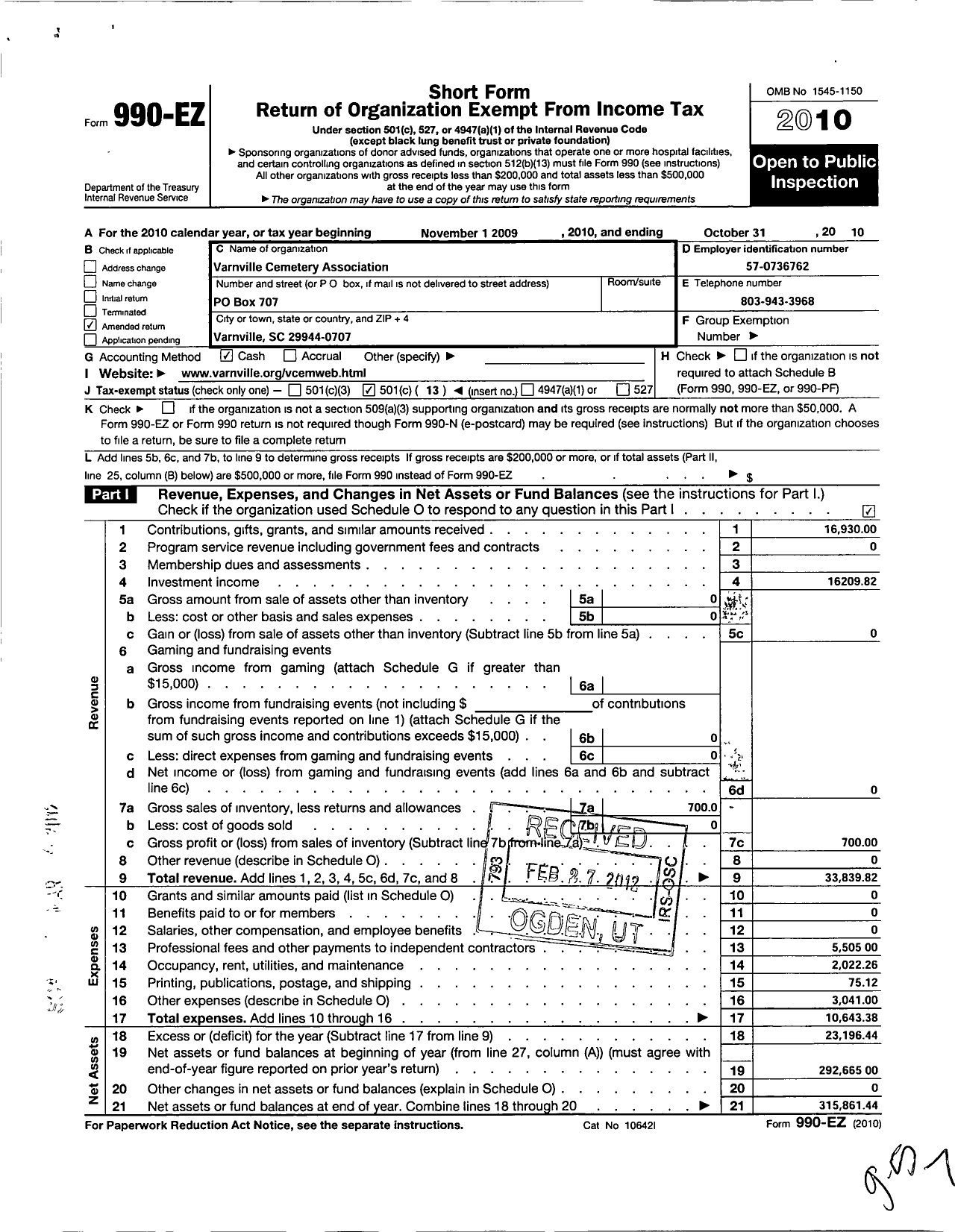 Image of first page of 2009 Form 990EO for Varnville Cemetery Association