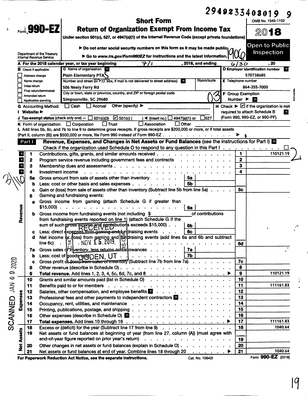 Image of first page of 2018 Form 990EZ for PTA SC Congress - Plain