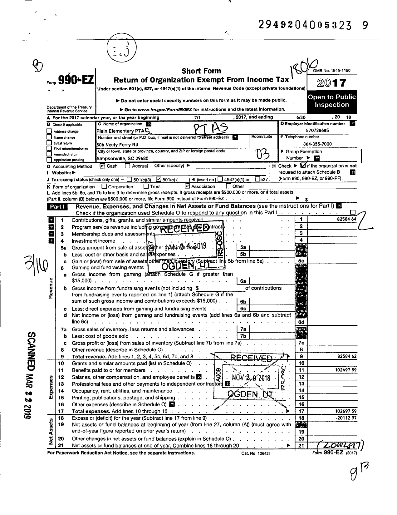 Image of first page of 2017 Form 990EZ for PTA SC Congress - Plain