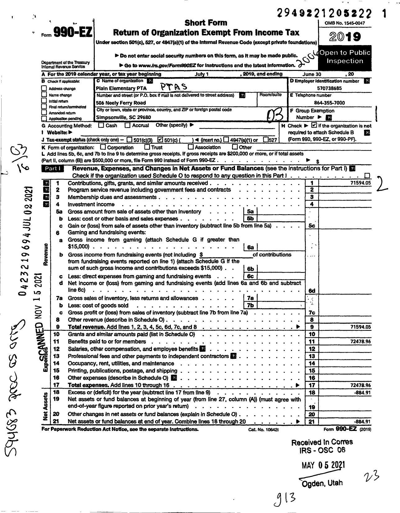 Image of first page of 2019 Form 990EZ for PTA SC Congress - Plain