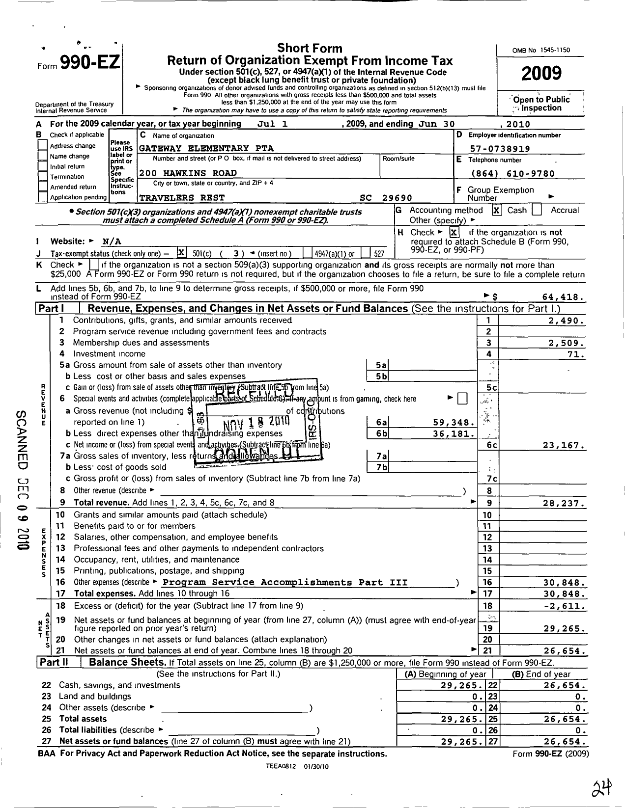 Image of first page of 2009 Form 990EZ for PTA South Carolina Congress / Gateway Elementary School PTA