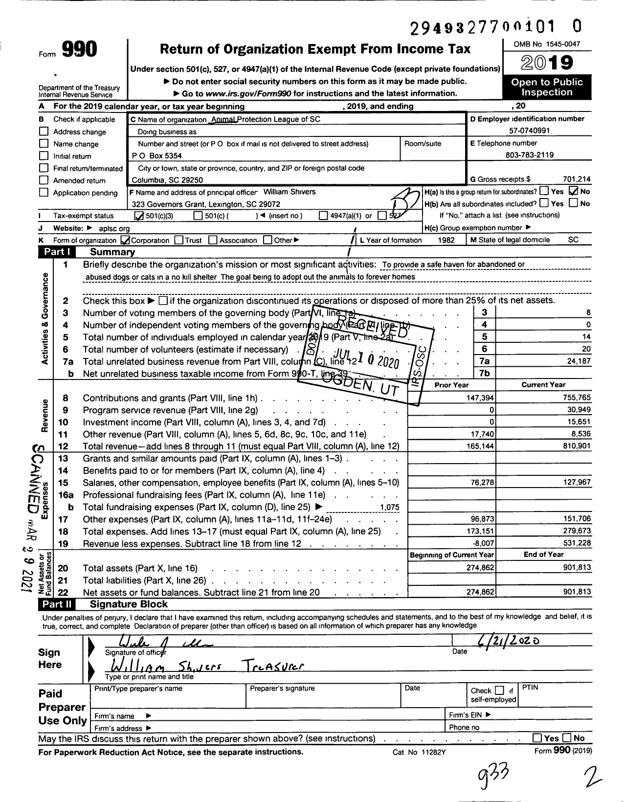 Image of first page of 2019 Form 990 for Animal Protection League of South Carolina