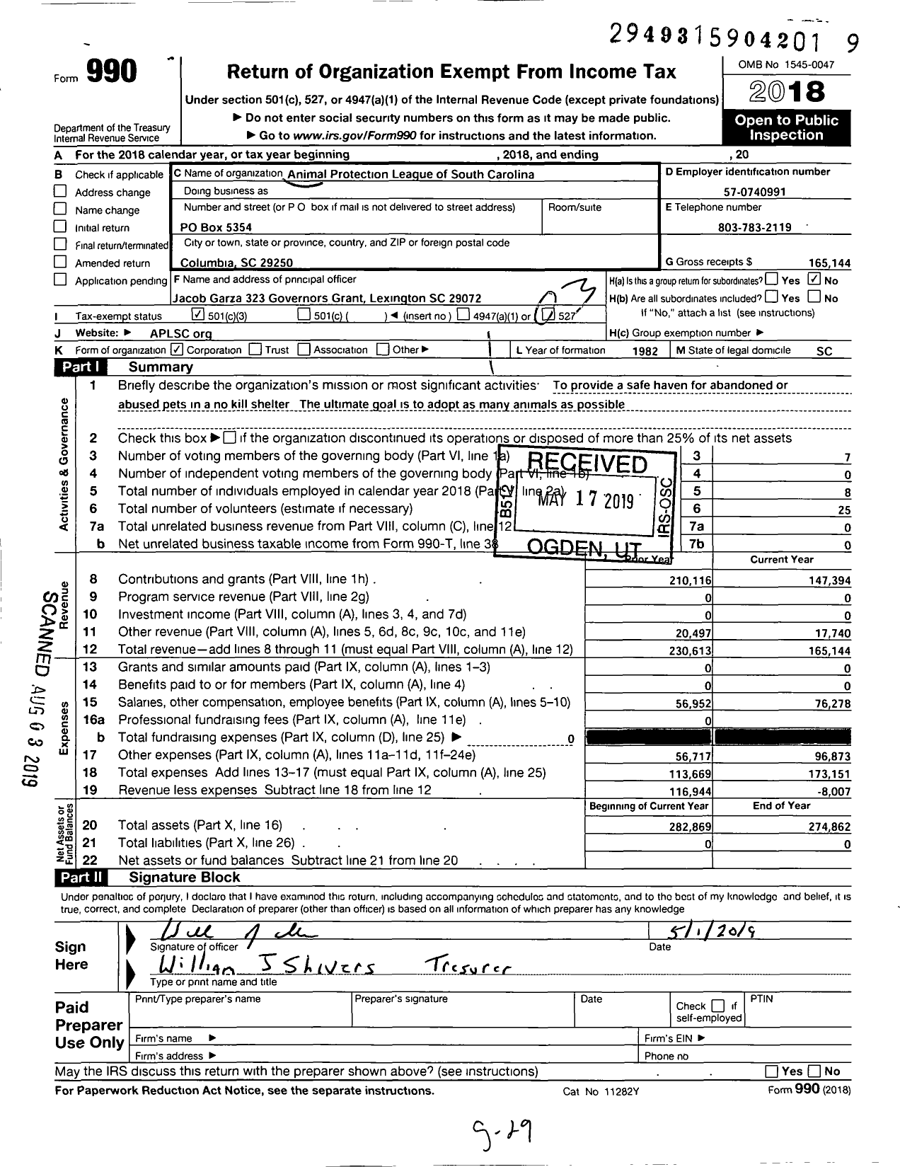 Image of first page of 2018 Form 990 for Animal Protection League of South Carolina