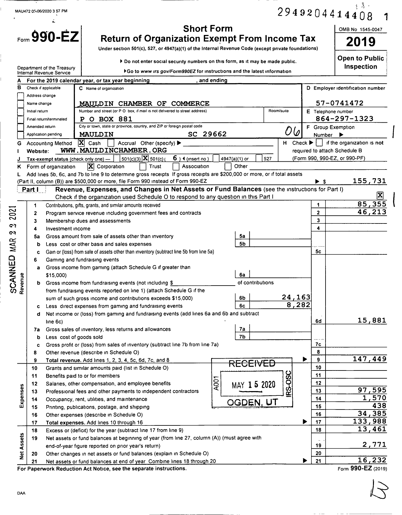 Image of first page of 2019 Form 990EO for Mauldin Chamber of Commerce