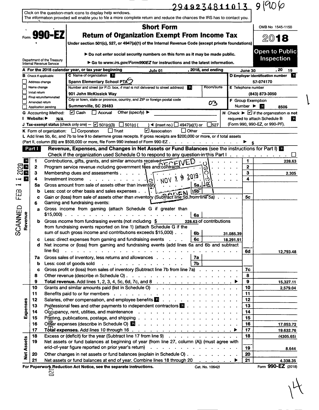 Image of first page of 2018 Form 990EZ for PTA South Carolina Congress / Spann Elementary PTA