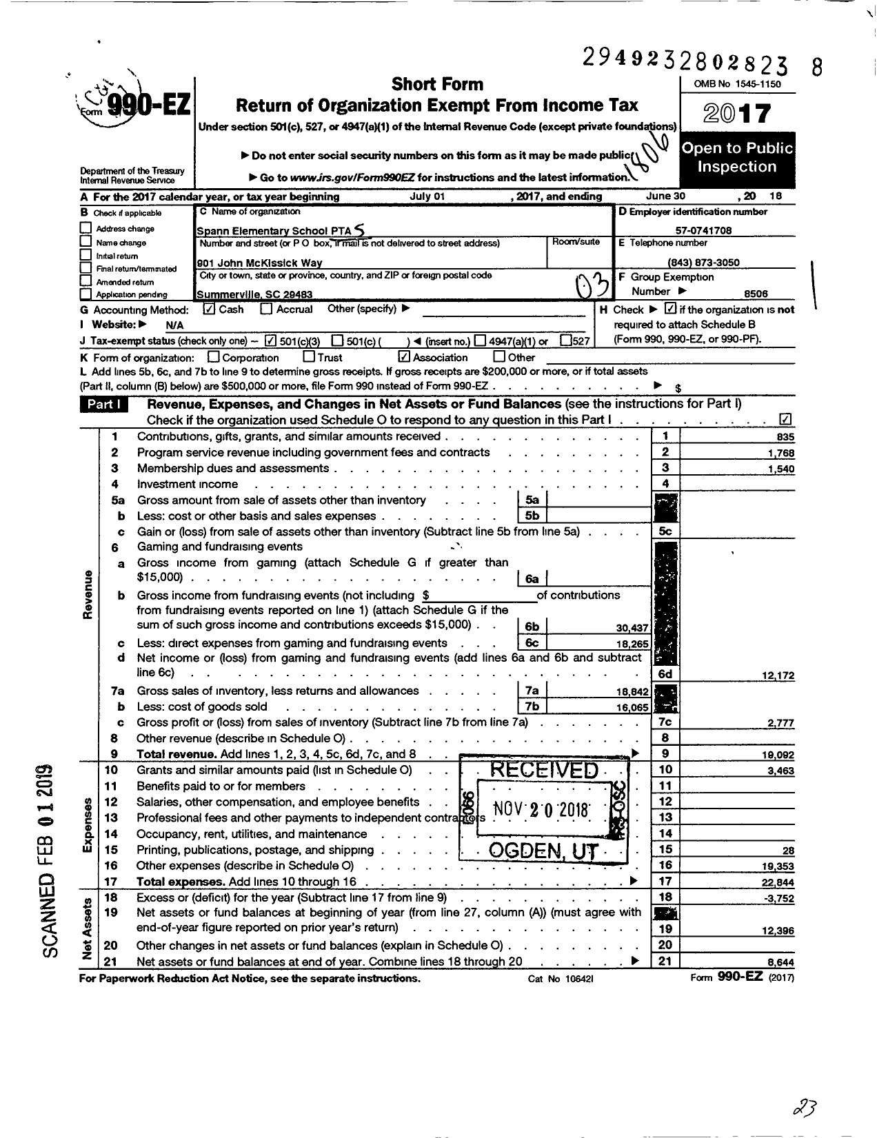 Image of first page of 2017 Form 990EZ for PTA South Carolina Congress / Spann Elementary PTA