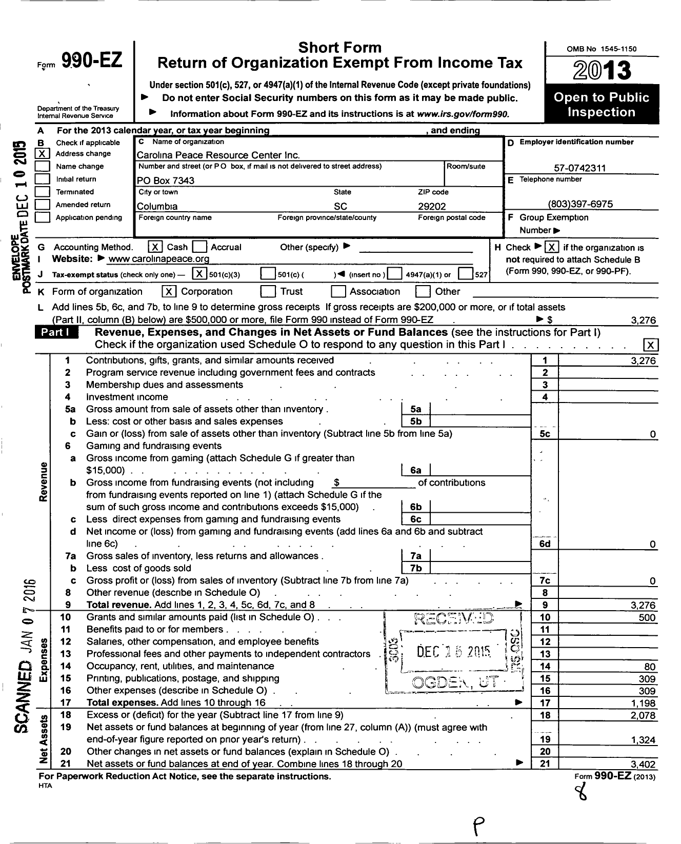 Image of first page of 2013 Form 990EZ for Carolina Peace Resource Center