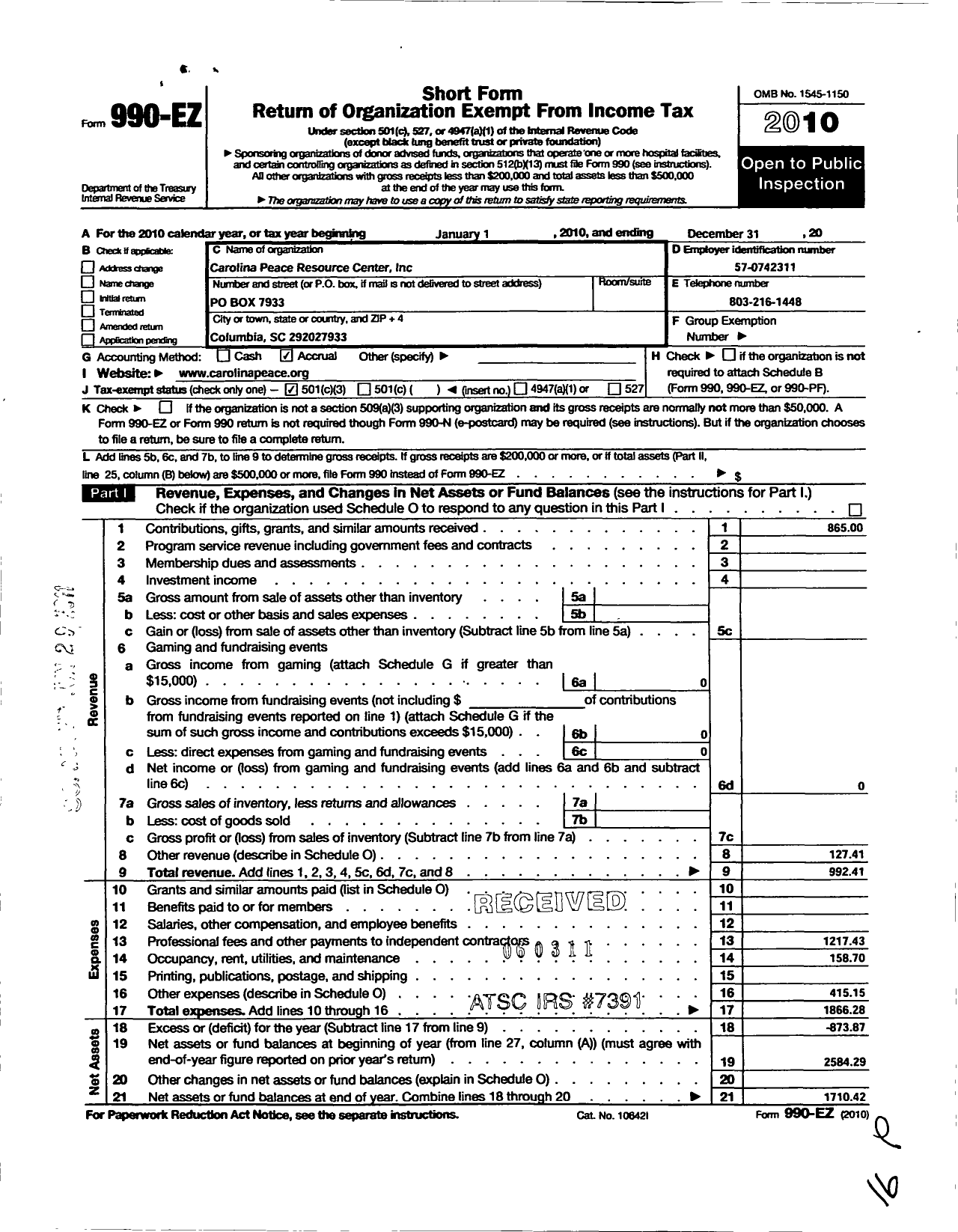 Image of first page of 2010 Form 990EZ for Carolina Peace Resource Center