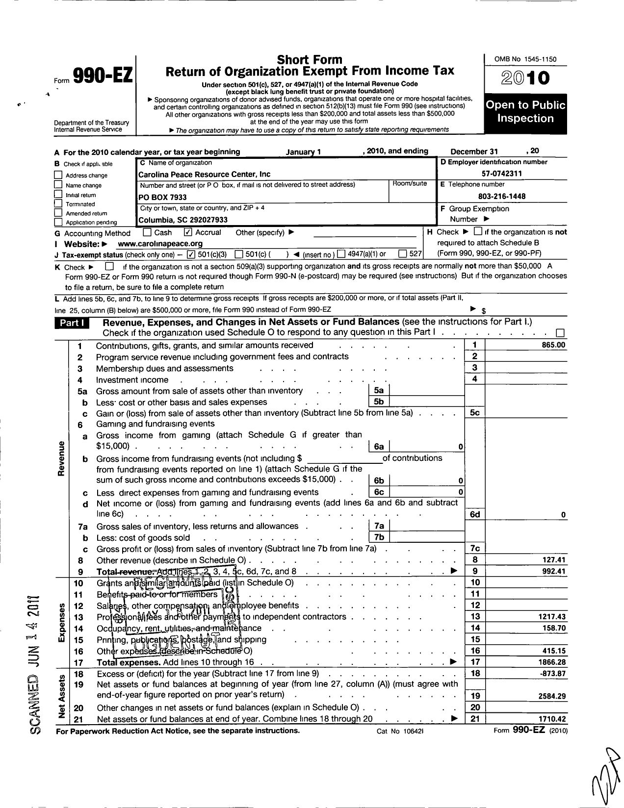 Image of first page of 2010 Form 990EZ for Carolina Peace Resource Center