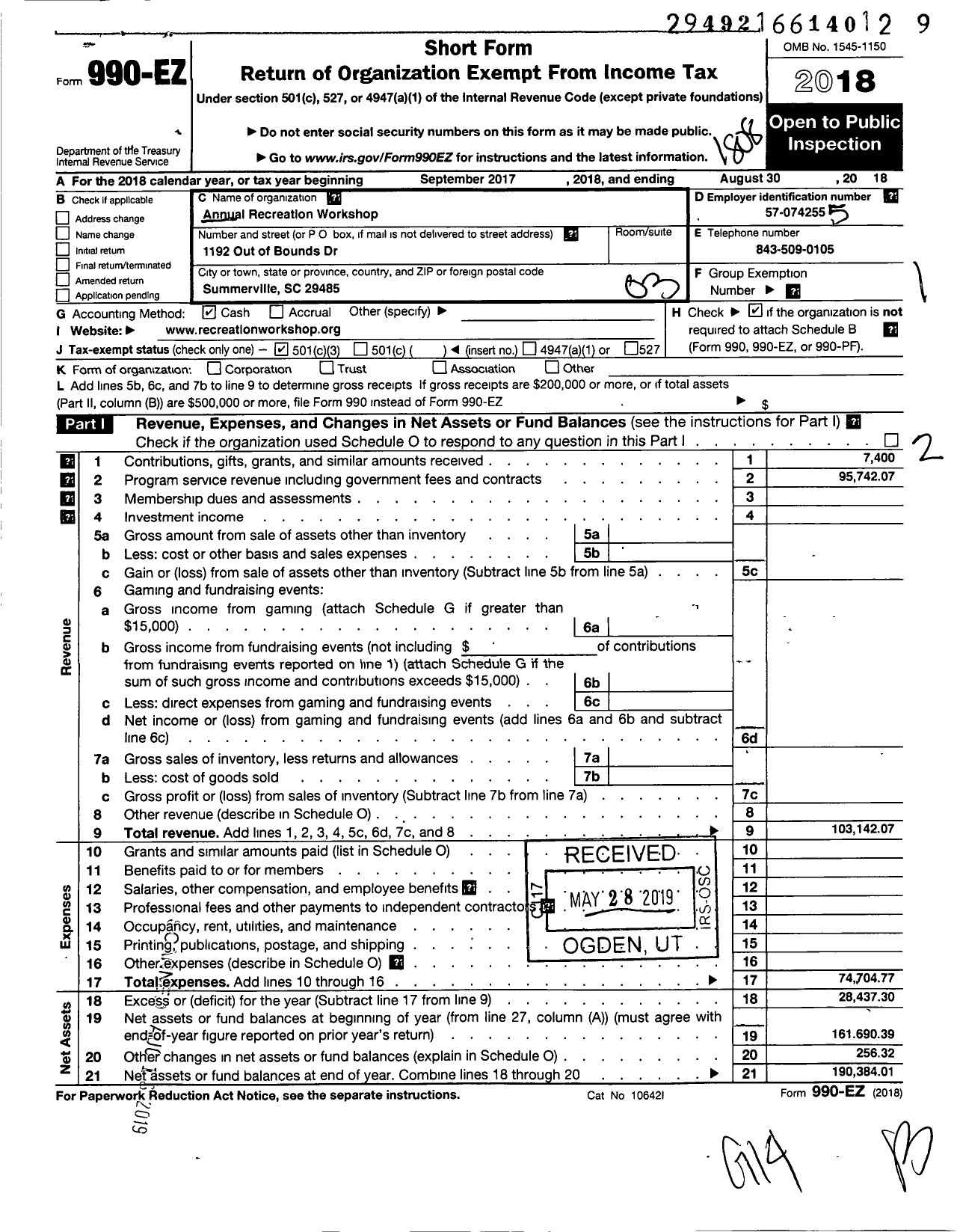 Image of first page of 2017 Form 990EZ for Annual Recreation Workshop